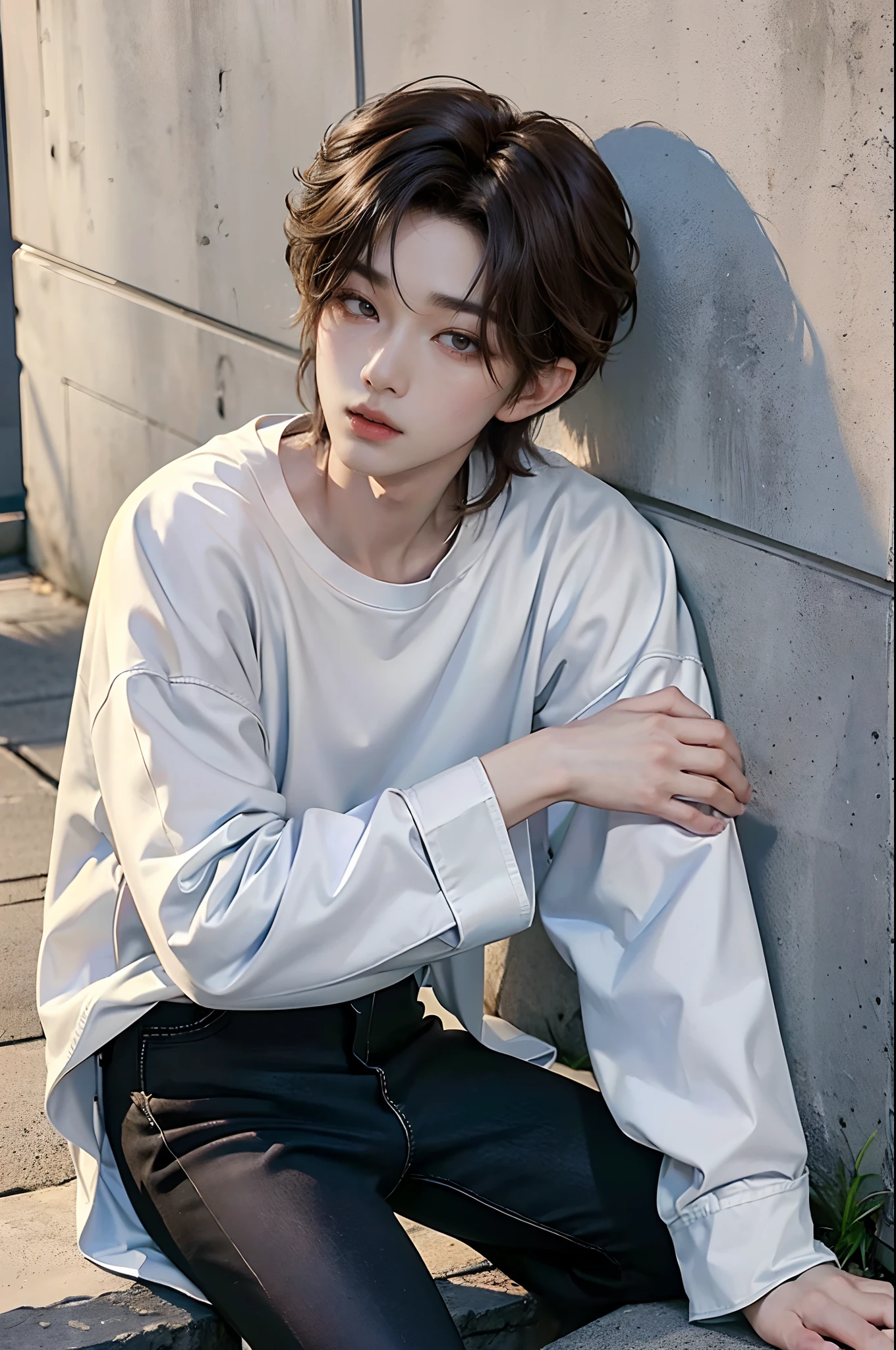 masterpiece、(top-quality)、((high-level image quality))、One Manly Boy、Slim body、((White Y-shirt and long black pants))、(Detailed beautiful eyes)、September Night Road、Sitting on the curb and leaning against the wall、Face similar to Chaewon in Ruseraphim、((short hair above the ears))、((Smaller face))、((Neutral face))、((Light brown eyes))、((Korean boy))、((18year old))、((Handsome man))、((Wild look))、((Korean Makeup))、((elongated and sharp eyes))、((Sit next to the viewer))、((shot from a side angle))、((The upper part of the body))、((Close-range shooting))