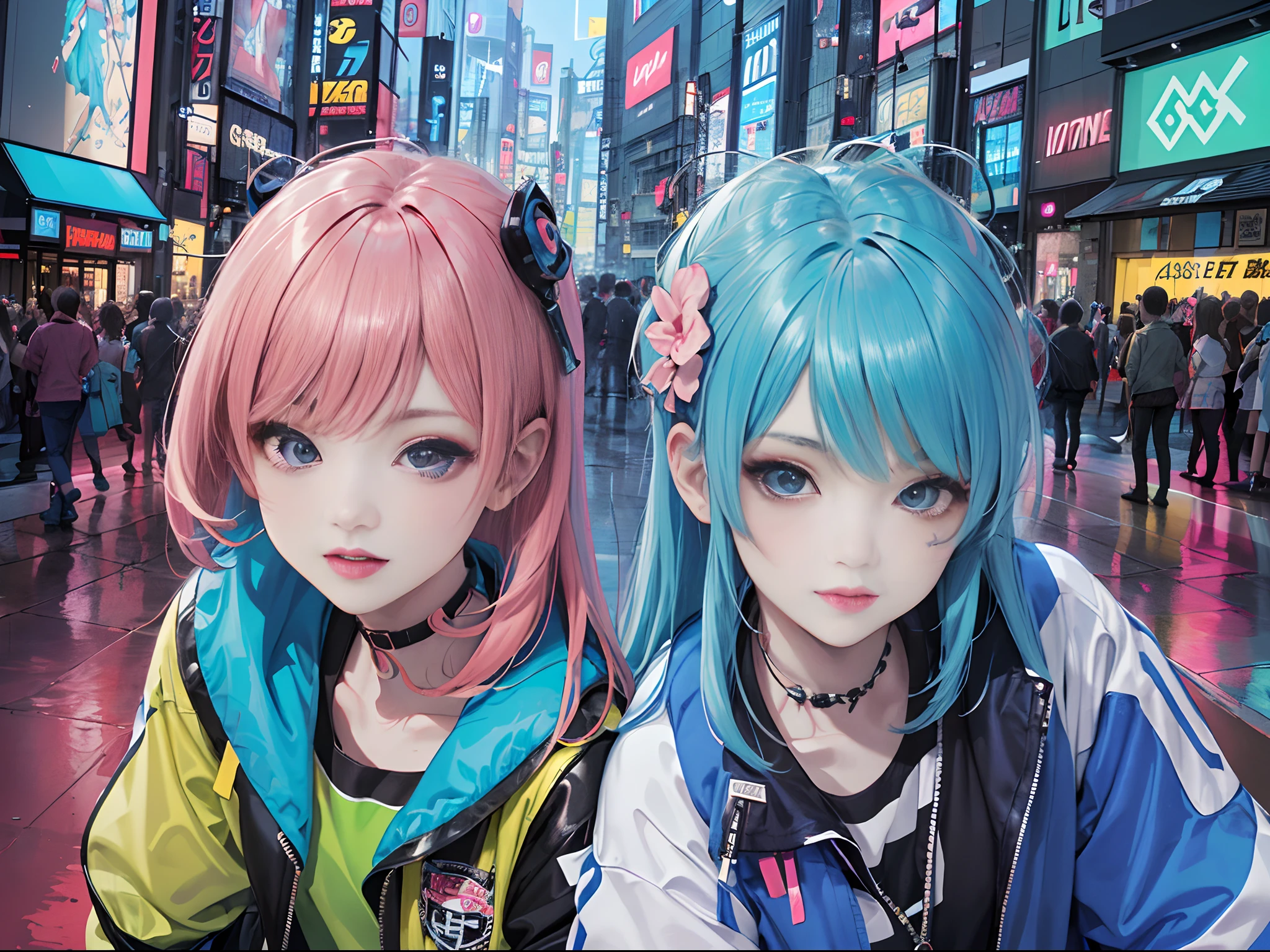 An anime illustration of 2 happy cyberpunk girls, confident cyberpunk girls with smiling expression, ((Harajuku-inspired pop outfit and tech jacket)), bold colors and patterns, eye-catching accessories, trendy and innovative hairstyle, vibrant makeup, ((dynamic pose)), futuristic dazzling Cyberpunk cityscape, skyscrapers, neon signs, glowing LED lights, bright and vivid color scheme, anime, illustration, (beautiful detailed face), intricate details, ultra detailed.