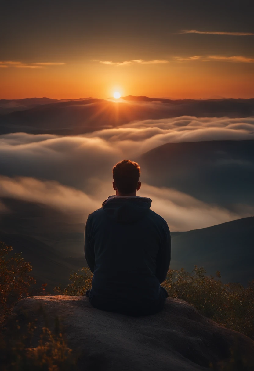 It generates a cinematic portrait of a person on his back sitting looking up at the sky at sunset in an attitude of prayer.