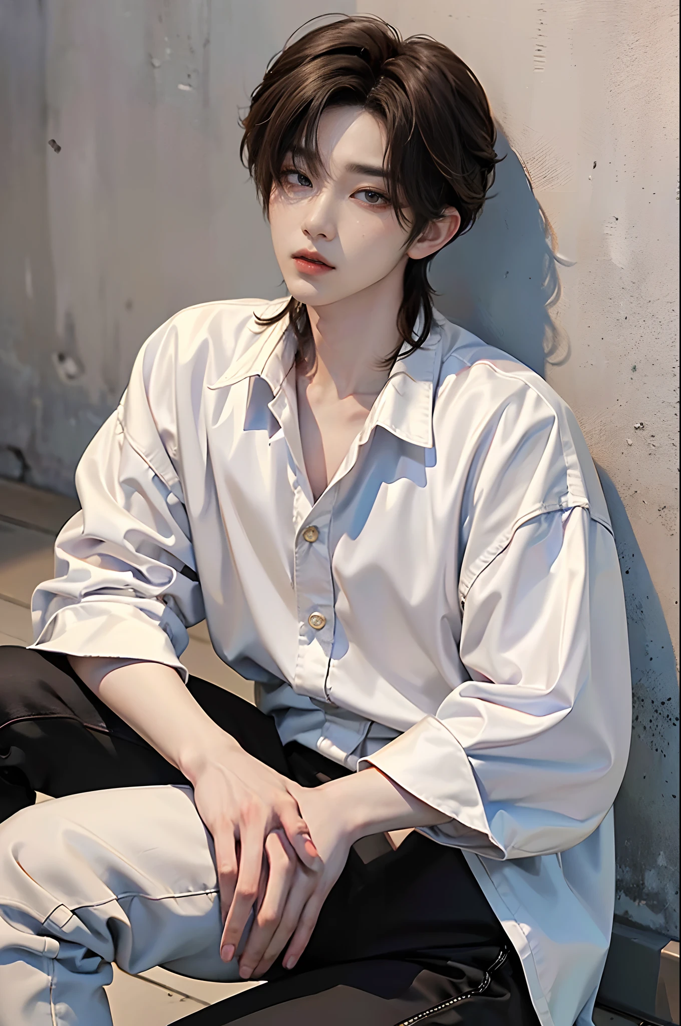 ​masterpiece、（top-quality)、((high-level image quality))、One Manly Boy、Slim body、((White Y-shirt and long black pants:1.1))、(Detailed beautiful eyes)、In the Han River、Face similar to Chaewon in Le Selefim、((short hair above the ears))、((Smaller face))、((Neutral face))、((Light brown eyes))、((Korean boy))、((18year old))、((Handsome man))、((Wild look))、((Korean Makeup))、((elongated and sharp eyes))、((Take a selfie))、((Shooting from close range))