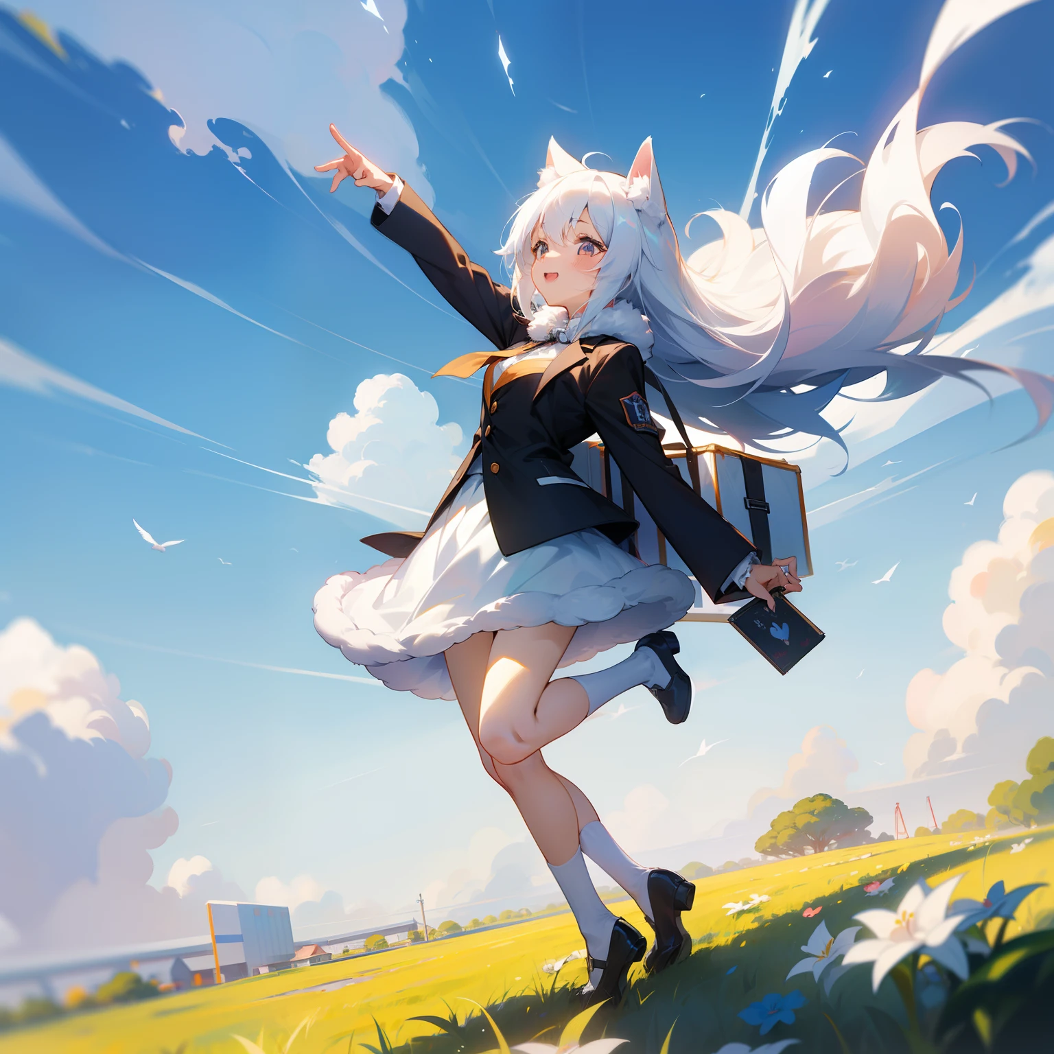 Jump to the sky、White hairs、fluffy fur、White puppy、Vigorous、Puppy who loves anime、,, furry animal,Instagram icon、The loveliness that everyone looks back on、1 girl in、One puppy、A smile that cheers everyone up、Travel through the world of anime、Spanning the world、look up to、Looking into the distance、Office Lady Style Clothes、Wearing a suit、Standing、