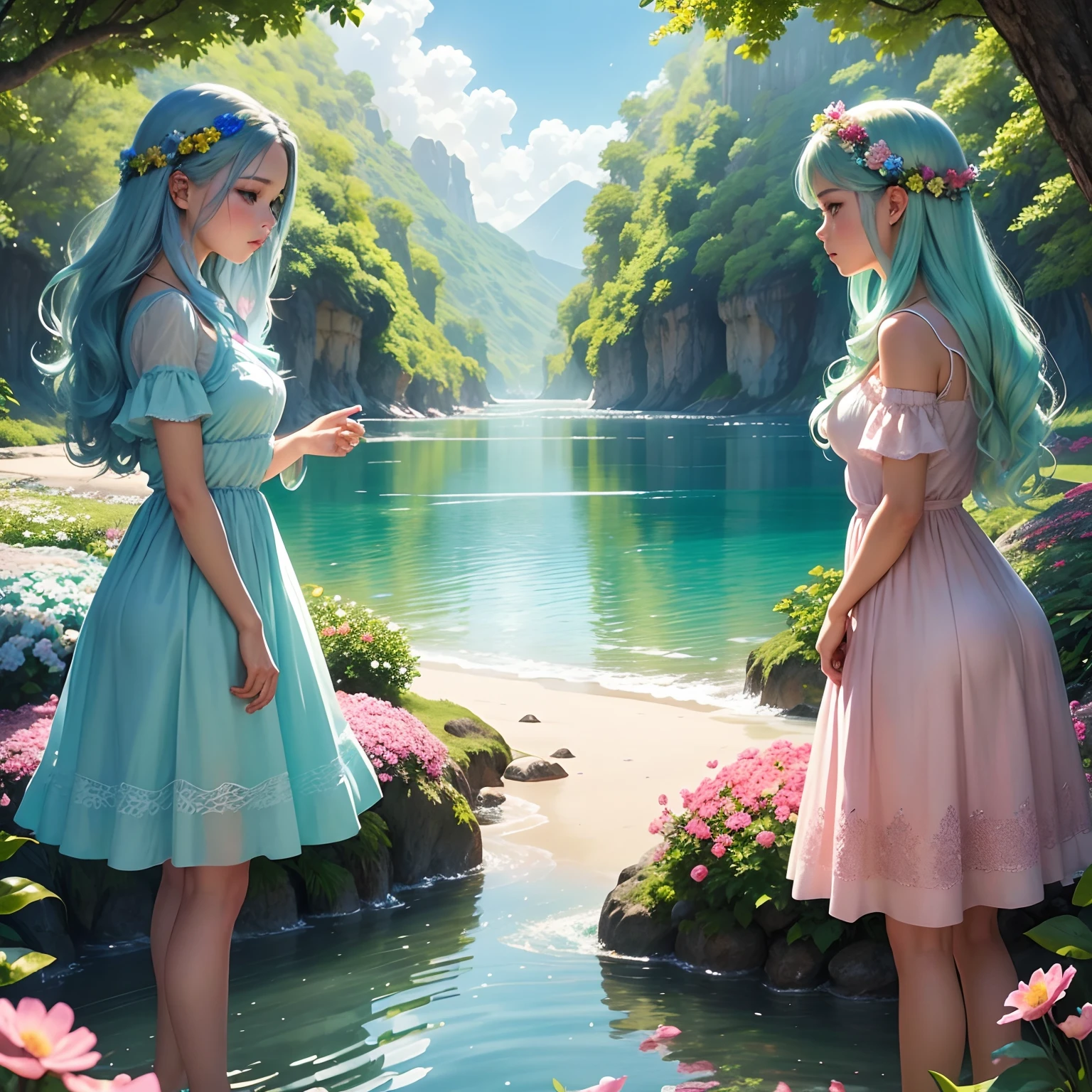 A girl with a unicorn, enjoying her company in a beautiful garden. The unicorn has a shimmering, ethereal appearance with a flowing mane and a magical horn. The girl has vibrant, long hair and is wearing a charming fairy-like dress. The garden is filled with colorful flowers, lush greenery, and sparkling sunlight filtering through the trees. The atmosphere is dreamy and whimsical, with a sense of tranquility and enchantment. The colors in the scene are soft and pastel, creating a serene and magical ambiance. The lighting is ethereal and soft, casting a gentle glow on the girl and the unicorn. The image is of the best quality, with ultra-detailed and realistic features. The unicorn and the girl's expressions are full of joy and delight, capturing a tender and intimate moment. (best quality,8k,masterpiece:1.2),ultra-detailed,(realistic,photo-realistic,photo-realistic:1.37),unicorn girl,gentle.