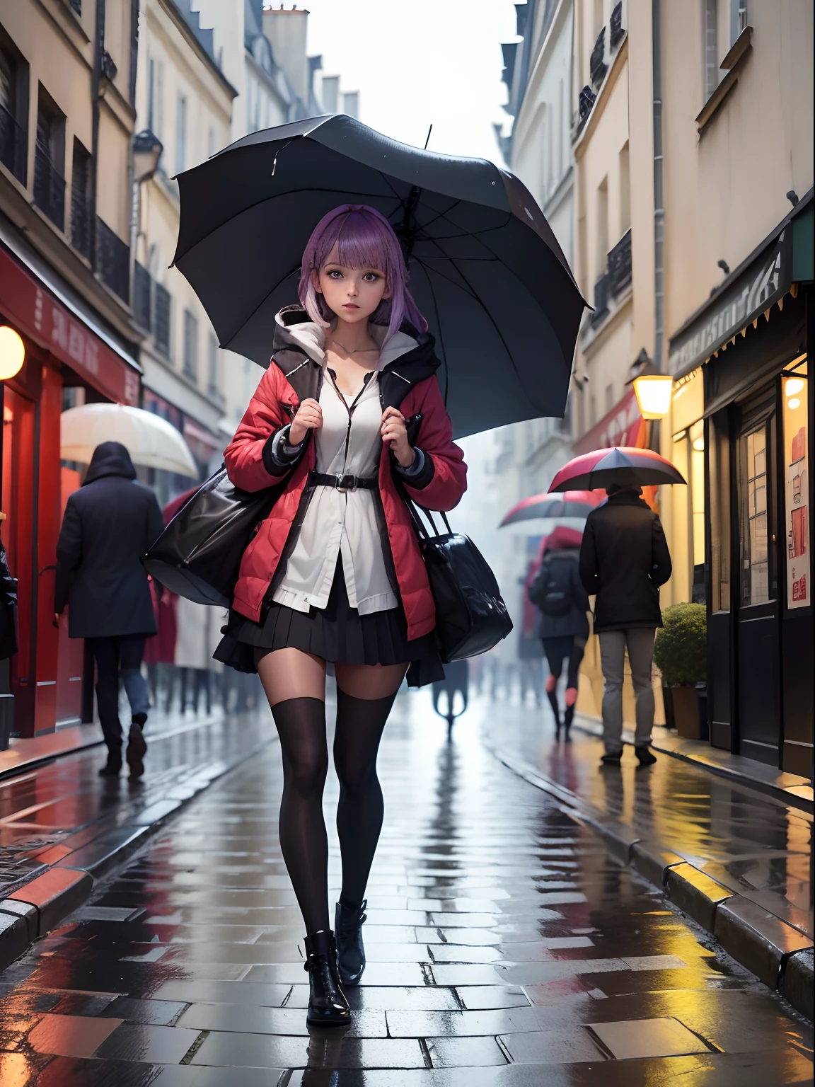 Une personne d'anime, une femme,des cheveux multicolore Long, veste noire, dans les rues de Paris, sous la pluie, parapluie a la main, image (4k HDR high quality