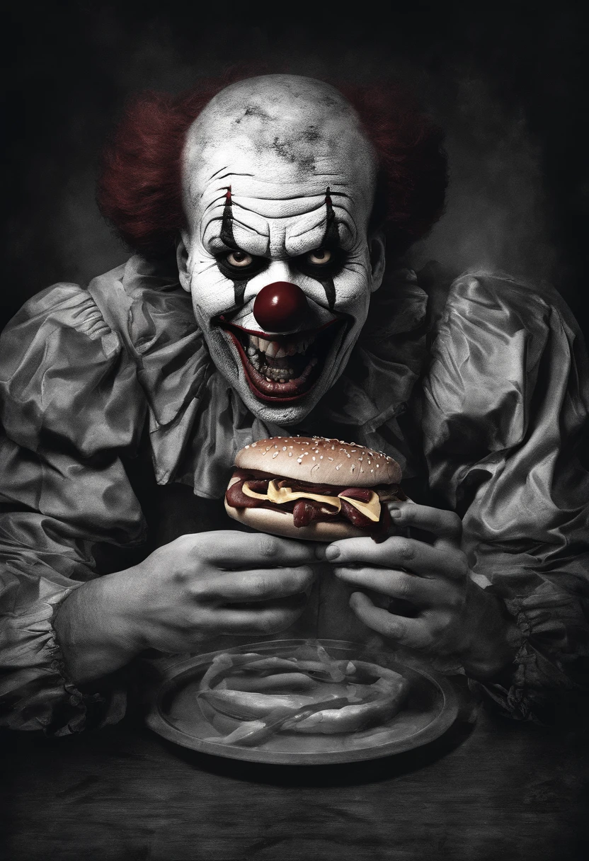 a scary clown looking like Ronald McDonald, frying burgers in a small kitchen, candid 35mm shot, motion blur, cinematic expired slide film, detailed facial features, hyper-realistic, dark moody lighting, gritty grungy atmosphere, vivid colors, detailed textures, intricate details, photorealistic, masterpiece
