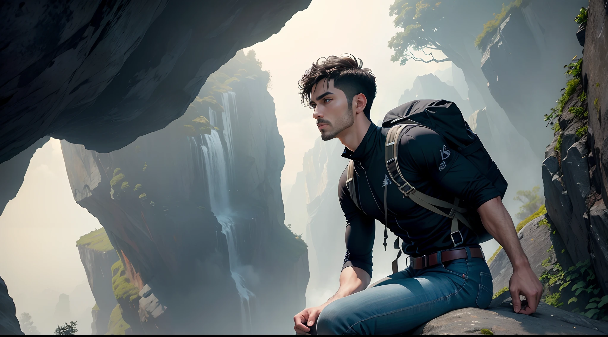 escena real, escalada en roca 1.3 ,, Tarde, Chino,1 hombre (, little beard, escalador, Black Mountain Costume, Mochila de senderismo, vaqueros ) Saltando en el acantilado y alcanzando la pared de roca,, Acantilado, cascada, , Densa jungla debajo, majestuoso, ((La mejor calidad, 8k, Obra maestra: 1.3))), Enfoque claro: 1.2,