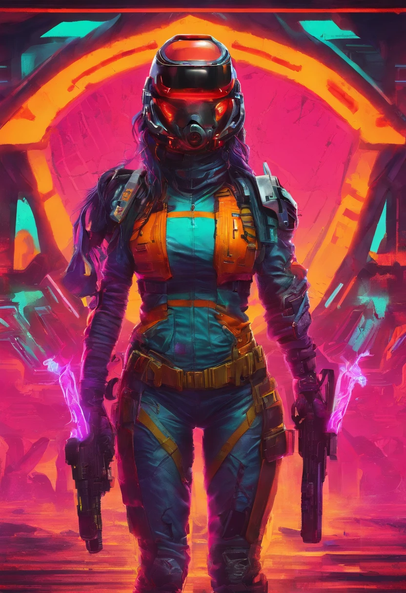 doom trooper femenino cabello largo pelirrojo, mexicana blanca, traje color negro con gris, sin casco y una arma de fuego, cuerpo completo, escenario de fuego