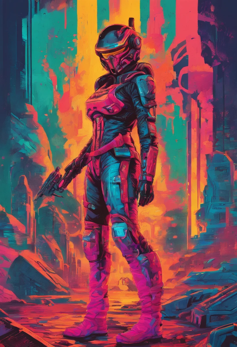 doom trooper femenino cabello largo pelirrojo, mexicana blanca, traje color negro con gris, sin casco y una arma de fuego, cuerpo completo, escenario de fuego