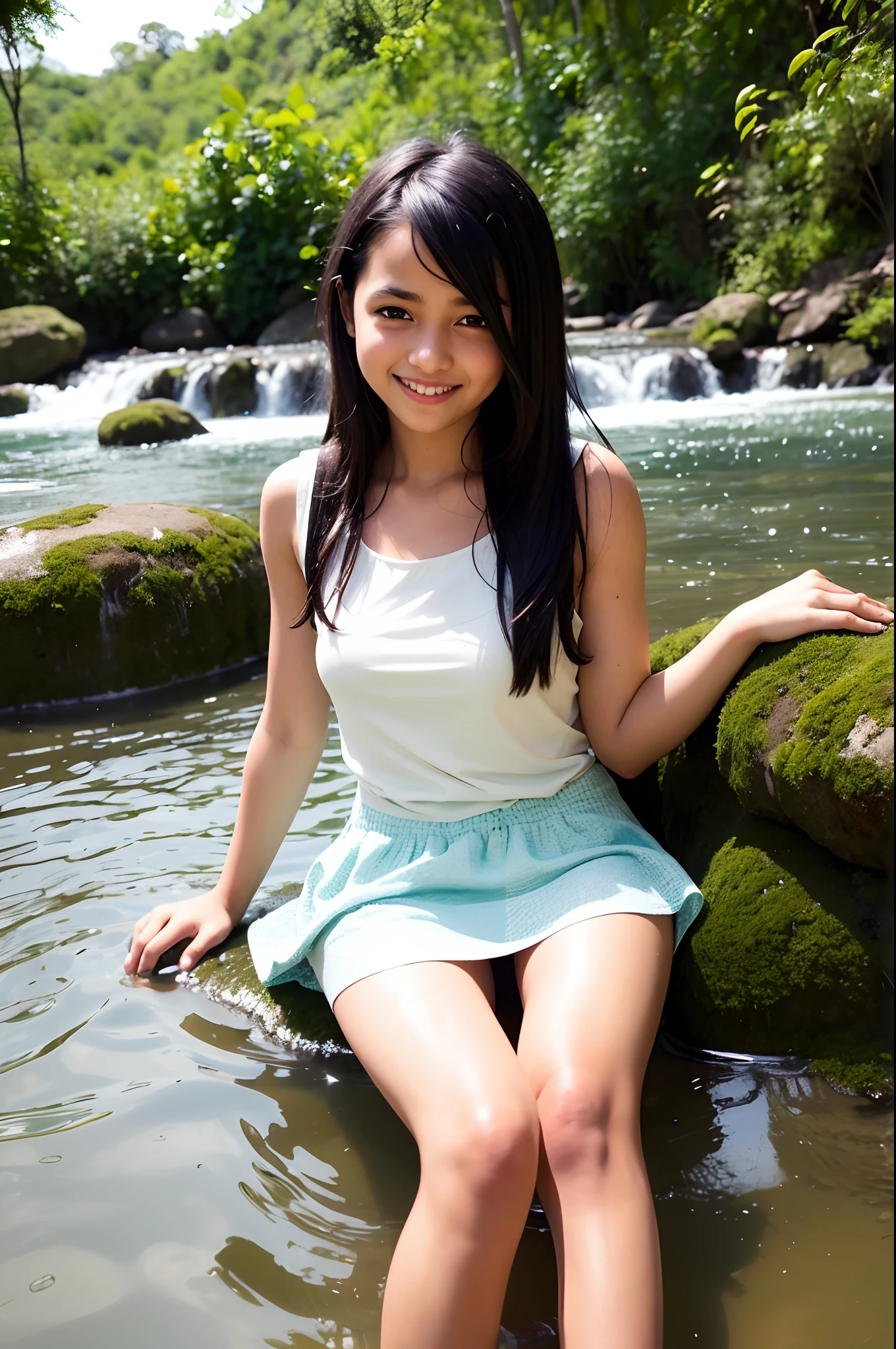 Beautiful, innocent, realistic,-yeld, SLankan, little gih long black hair Wearing a short skirt and brawoman sitting in the water in a river, next to a waterfall, in water up to her shoulders, cute girl, in the water, in a river in the jungle, topless, short skirt,  layered clothing, open neck, close up, depth of field,  playing in waterfalls, with waterfalls,  running water, smile, depth of field, overcast, misty