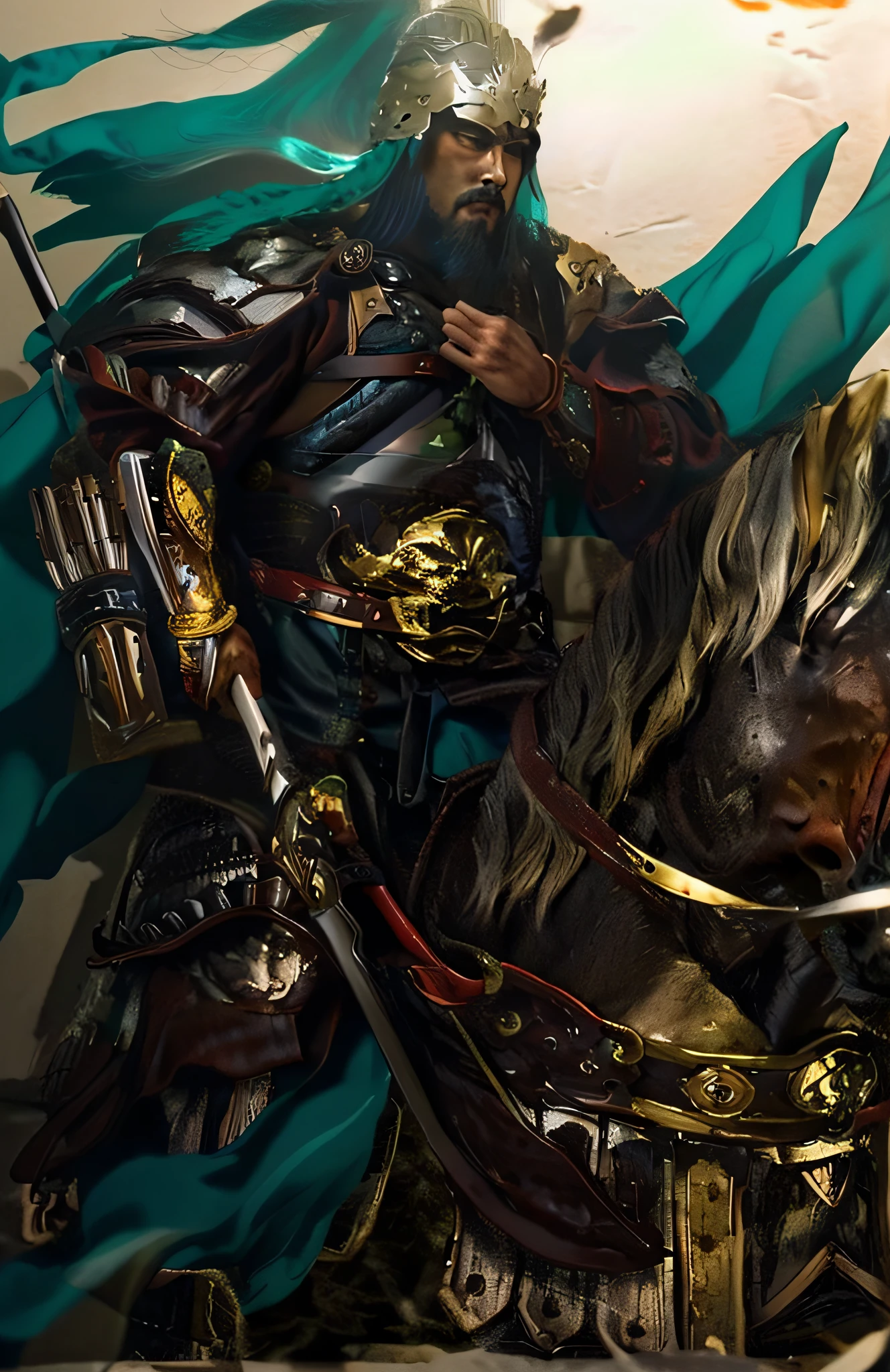 ((Unreal Engine 5)), Realistic rendering, Excellent, (Full set of samurai armor), (Cuirassiers), (Cloak), (The samurai were at the helm), looking on camera, Stand in the studio, General of the Three Kingdoms, Guan yu, Riding a red war horse，Wearing turquoise robes，golden armour，Green hood，Holding a silver-white shiny knife in his hand，There is an arrow barrel around the waist，Close-up photo of mighty and domineering, epic full color illustration, inspired by Li Kan, tai warlord, Inspired by Chen Danqing, The feeling comes from Shen Quan, Inspired by Hu Zaobin, inspired by Zhu Derun, Inspired by Huang Shen, inspired by Li Rongjin, Inspired by Shen Zhou，inspired by Lu Zhi, author：Yoon Du-seop,