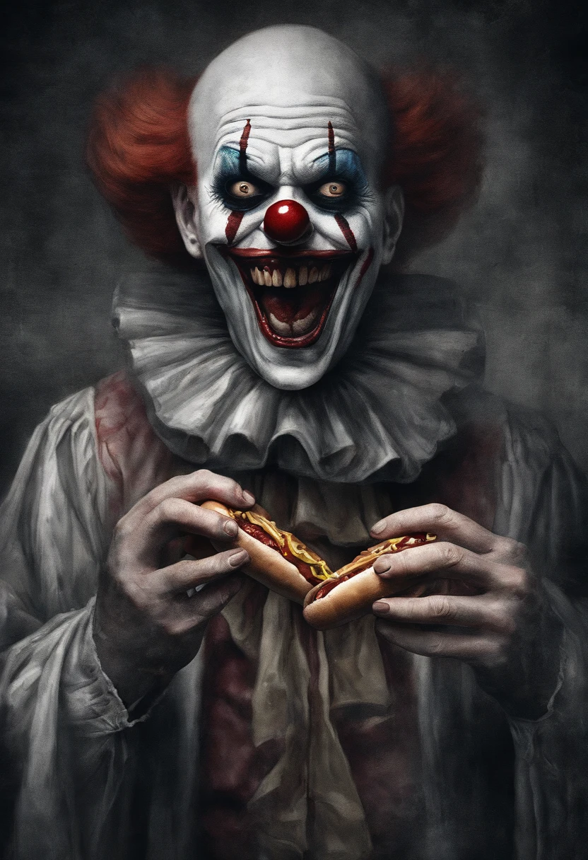 a happy clown eating hotdogs, nsfw, lewd, ,