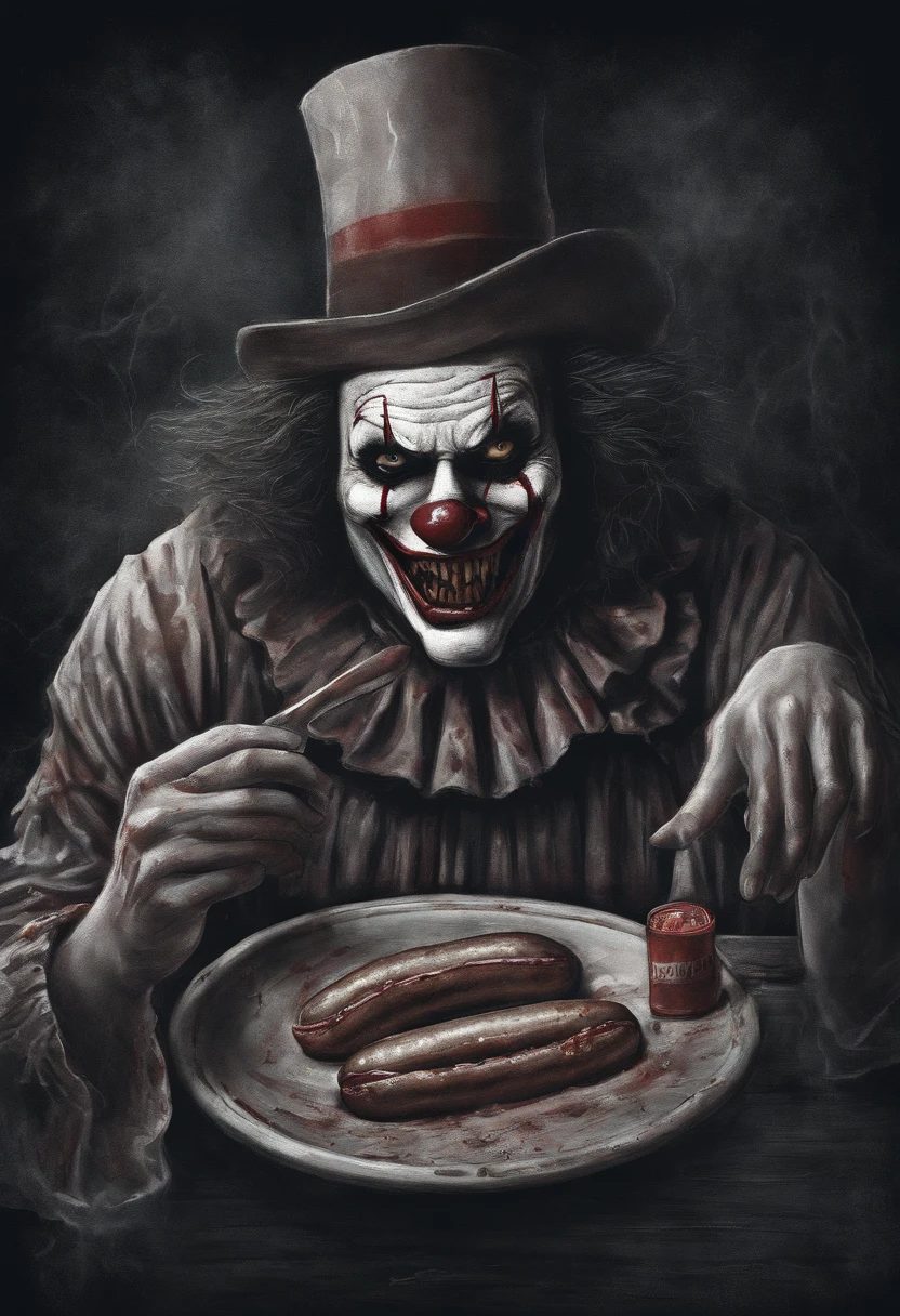 a happy clown eating hotdogs, nsfw, lewd, ,