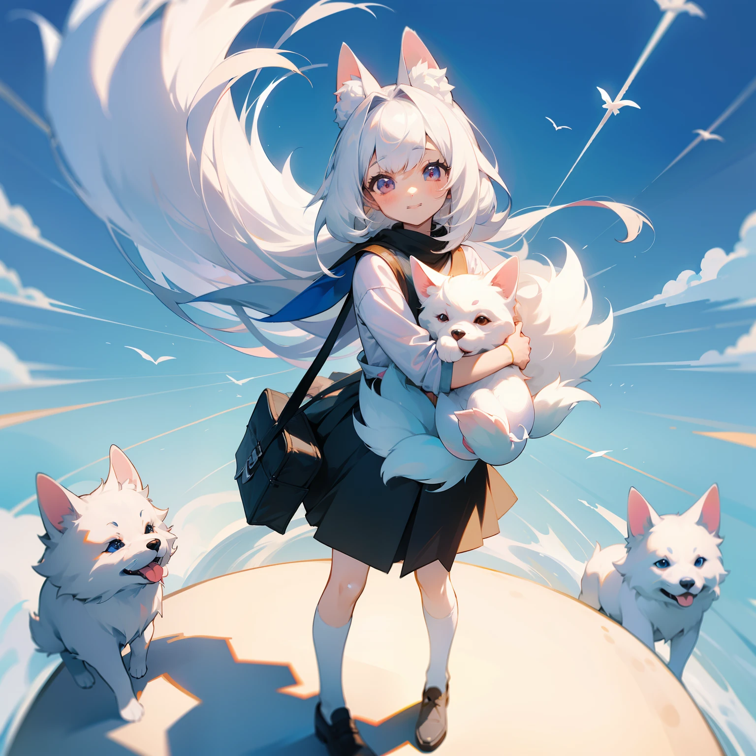 Falling from the sky to the ground、White hairs、fluffy fur、White puppy、Vigorous、Puppy who loves anime、,, furry animal,Instagram icon、The loveliness that everyone looks back on、1 girl in、One puppy、A smile that cheers everyone up、Travel through the world of anime、Spanning the world、look up to、Looking into the distance、Office Lady Style Clothes、Wearing a suit、Standing、