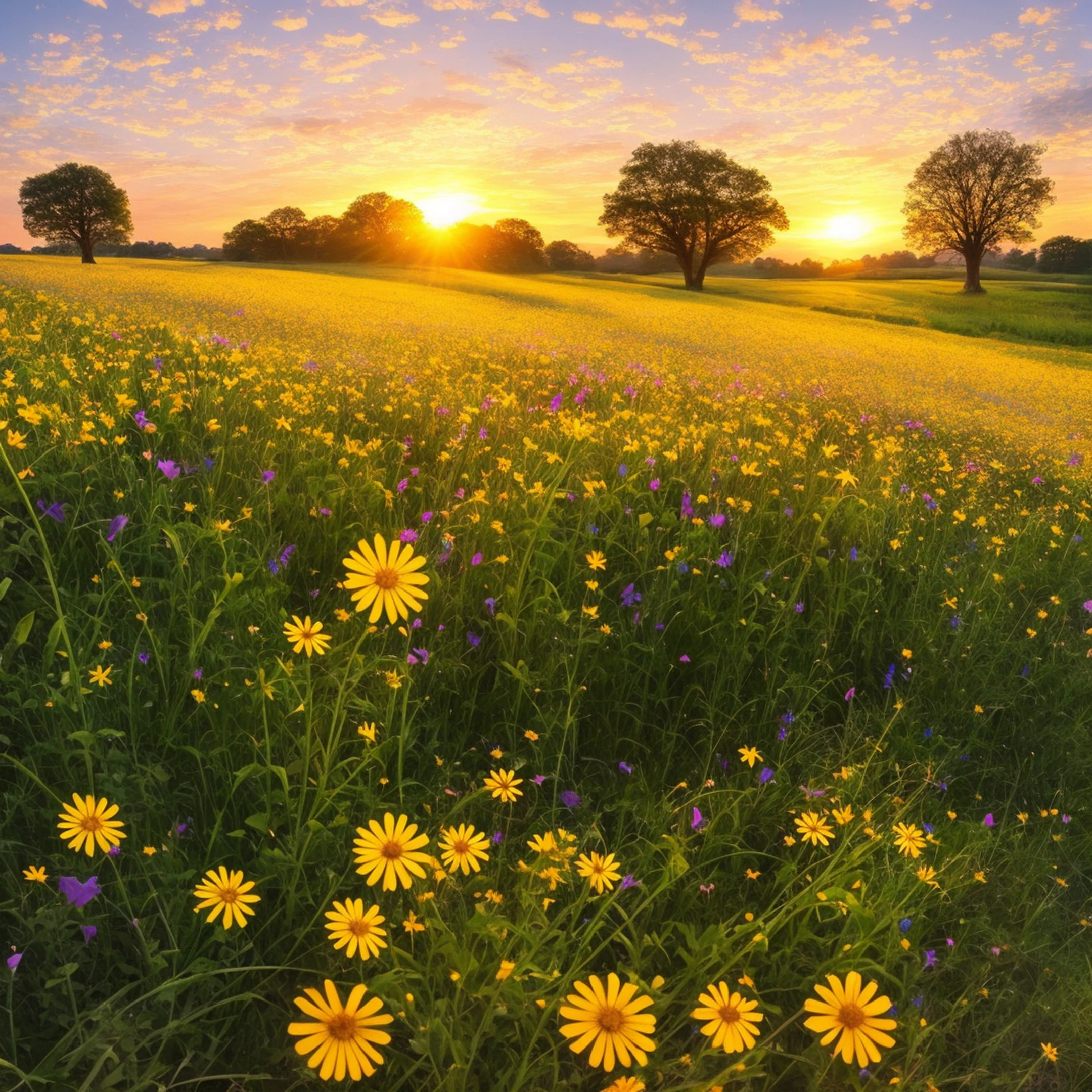 Field of wild flowers, at dawn, beautiful sunrise, very detailed, intricate backgrounds with trees, colorful, perfect lighting