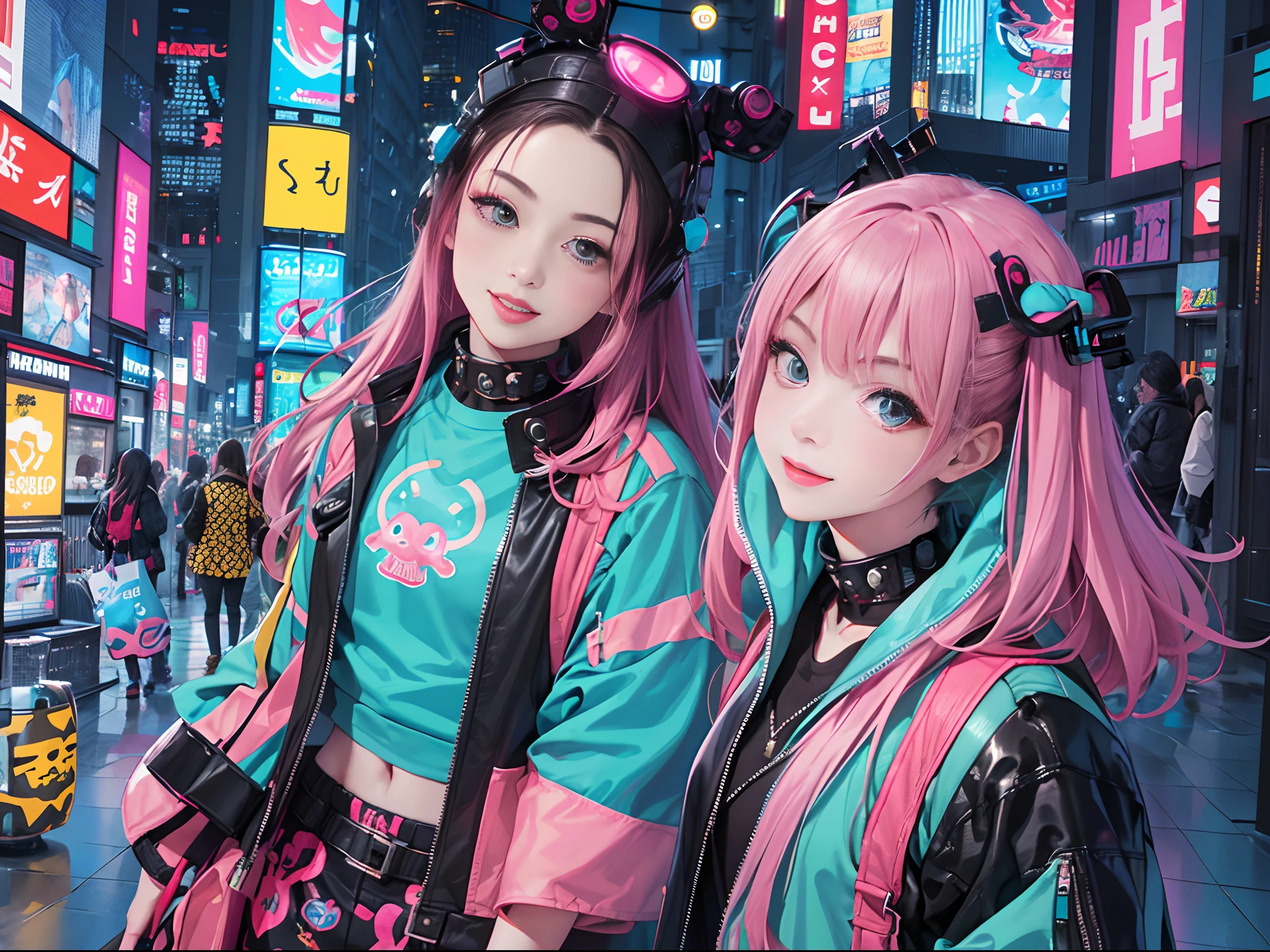 An anime illustration of 2 happy cyberpunk girls, selfie, confident cyberpunk girls with smiling expression, ((Harajuku-inspired pop outfit and tech jacket)), bold colors and patterns, eye-catching accessories, trendy and innovative hairstyle, vibrant makeup, ((dynamic pose)), futuristic dazzling Cyberpunk cityscape, skyscrapers, neon signs, glowing LED lights, bright and vivid color scheme, anime, illustration, (beautiful detailed face), intricate details, ultra detailed.