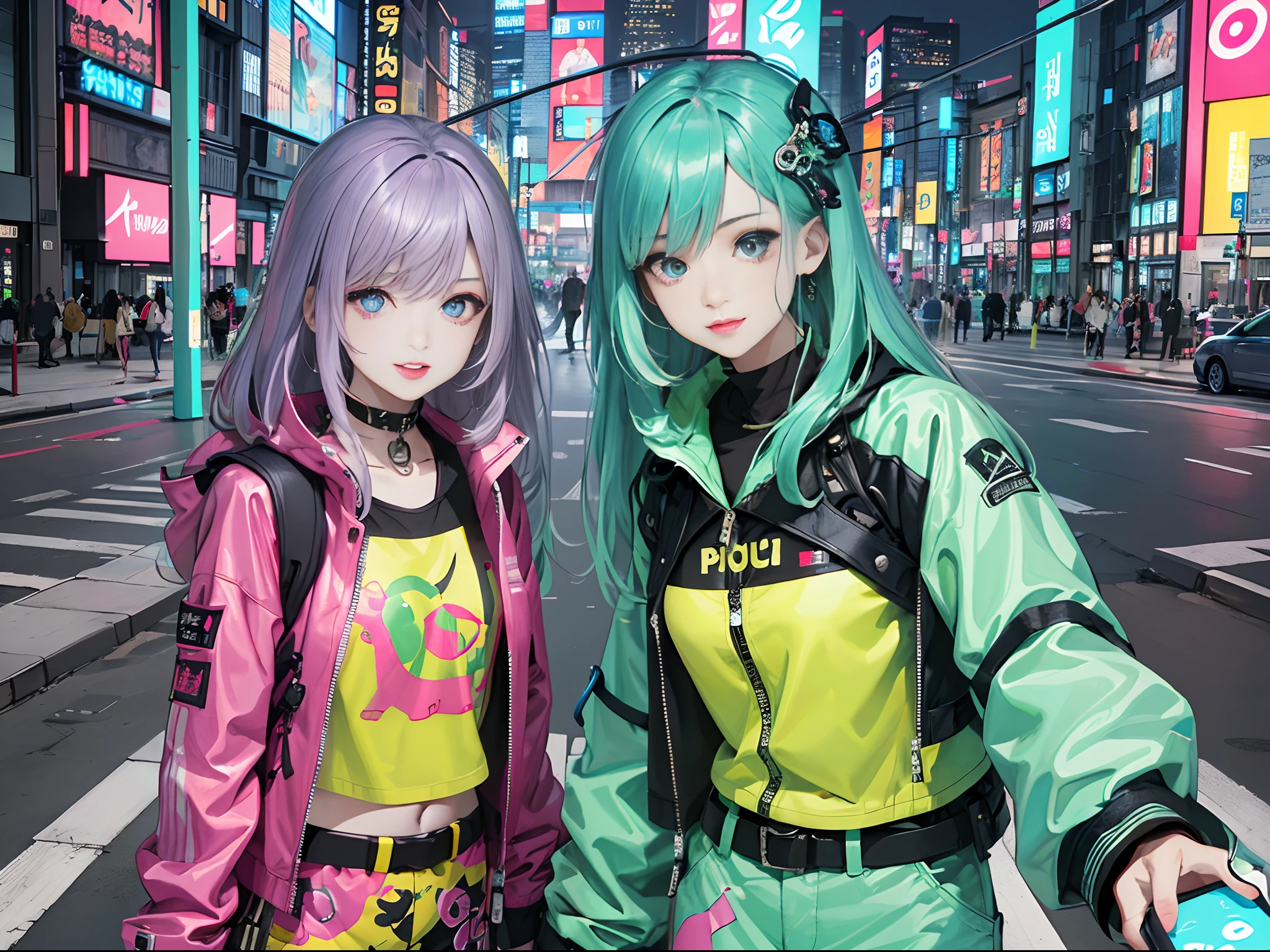 An anime illustration of 2 happy cyberpunk girls, selfie, confident cyberpunk girls with smiling expression, ((Harajuku-inspired pop outfit and tech jacket)), bold colors and patterns, eye-catching accessories, trendy and innovative hairstyle, vibrant makeup, ((dynamic pose)), futuristic dazzling Cyberpunk cityscape, skyscrapers, neon signs, glowing LED lights, bright and vivid color scheme, anime, illustration, (beautiful detailed face), intricate details, ultra detailed.