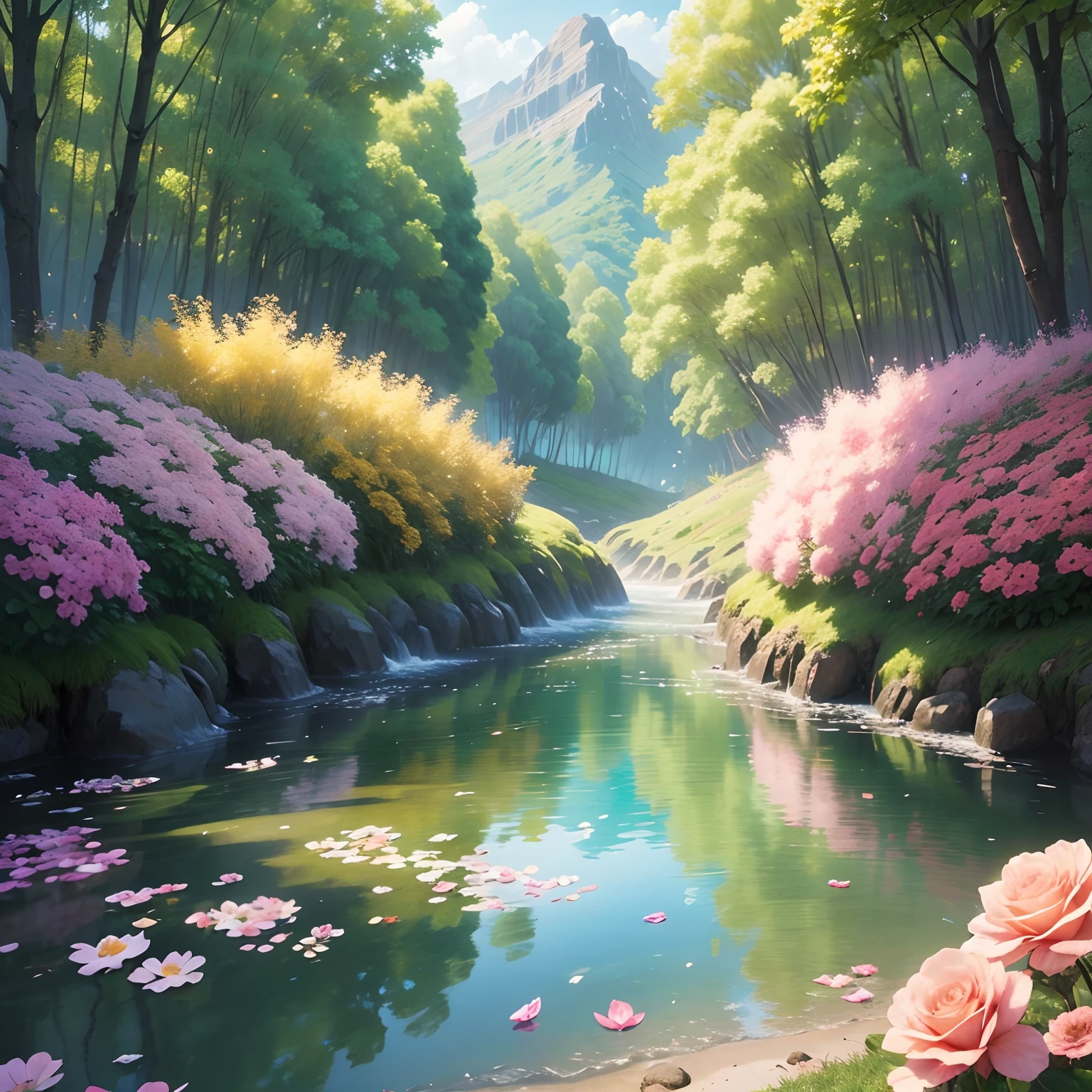 "A beautiful flowery field, com flores e rosas coloridas diamantes, crystal water, Sustainable homes in nature, arte realista, alta qualidade, realismo, lindas cores, rosas diamantes, super detalhado, hiper realista, natureza brilhante, rosas detalhas, rosas brilhosas, flores brilhantes, natureza resplandecente, arte viva, Enchanting paradise, nuvens entre folhas, nuvens entre a natureza, magical birds, wings of shining birds, cores naturais, pedras preciosas verdes, diamantes coloridos nas flores, diamantes coloridos nas rosas, HD, 10K.”