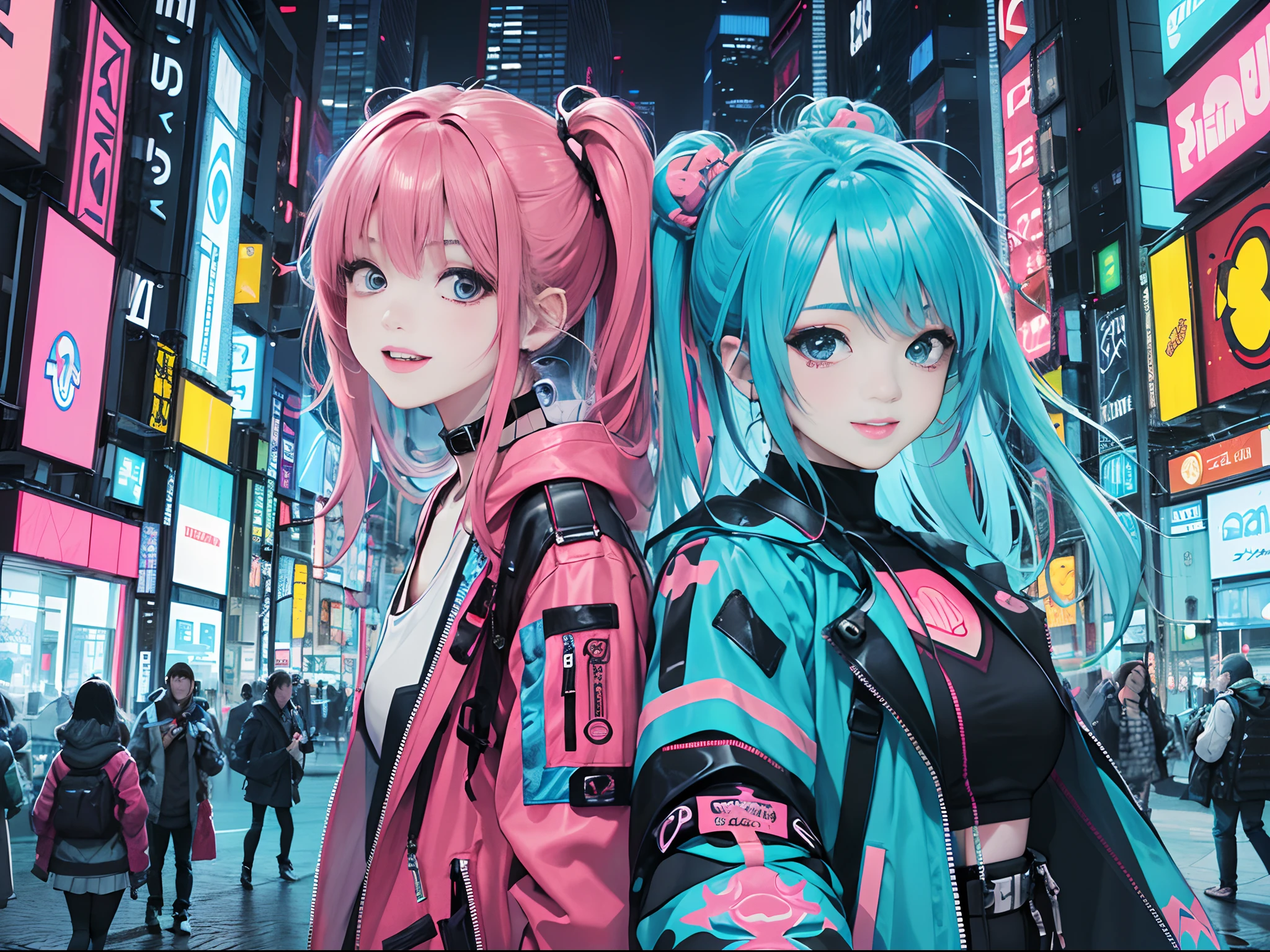 An anime illustration of 2 happy cyberpunk girls, selfie, confident cyberpunk girls with smiling expression, ((Harajuku-inspired pop outfit and tech jacket)), bold colors and patterns, eye-catching accessories, trendy and innovative hairstyle, vibrant makeup, ((dynamic pose)), futuristic dazzling Cyberpunk cityscape, skyscrapers, neon signs, glowing LED lights, bright and vivid color scheme, anime, illustration, (beautiful detailed face), intricate details, ultra detailed.