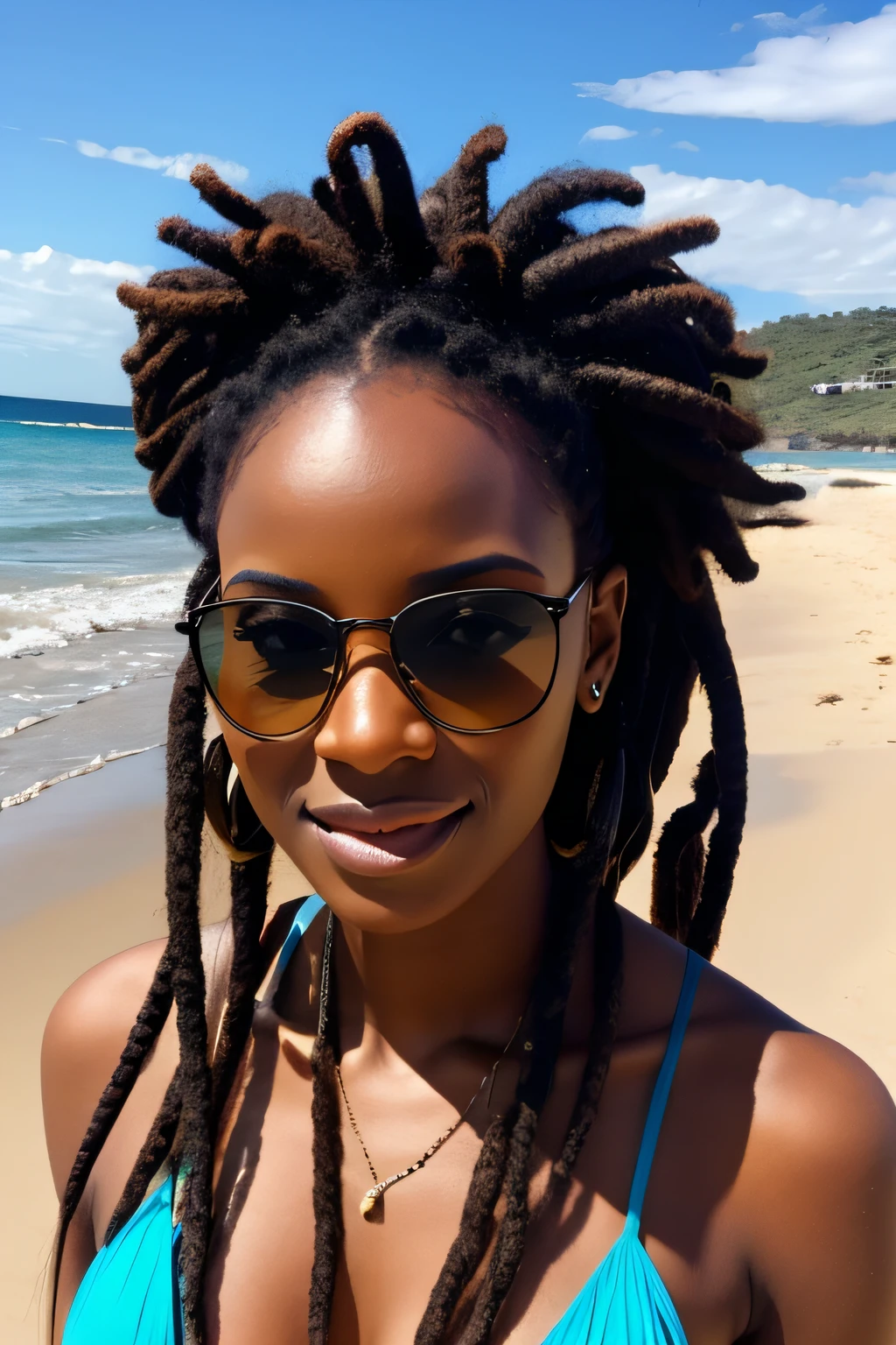 Gorgeous African woman on the beach, dreadlocks, wearing blue ray-ban glasses
