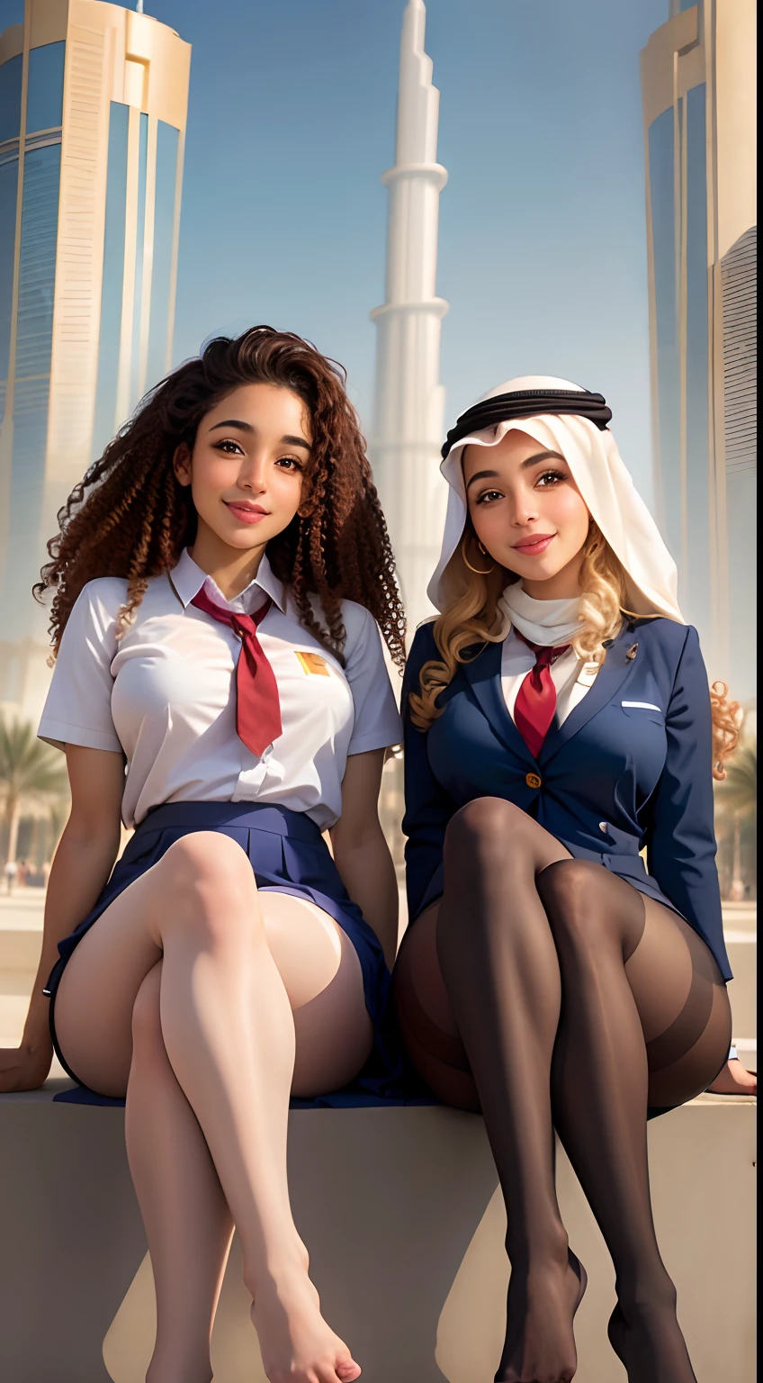 Show entire body, feet in view, 2 gorgeous curly haired Arab Females, smiling, American school uniforms, pantyhose, sitting outside, Dubai, burj khalifa in background