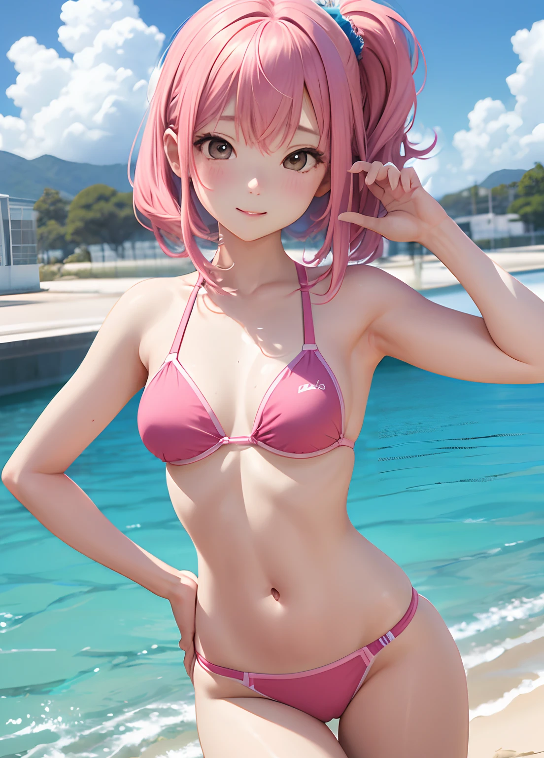 swim wears、hposing Gravure Idol、A pink-haired、​masterpiece, top-quality, 1girl, Look at viewers,
