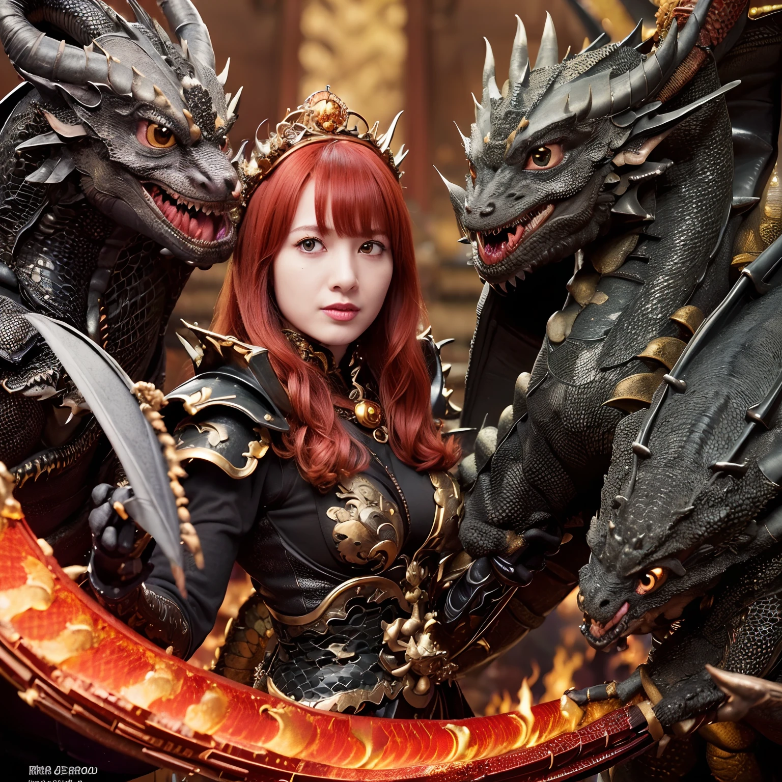 (The Ultimate Beauty Face), Professional , masterpiece、top-quality、photos realistic , depth of fields (Gemstone Black Metal Body:1.4),(Matte Black、(cleavage of the breast)、Dragon Gold Weapon,Mystical expression、Particles of light、((((Fight dragons)))、(Dragon Metal Body:1.4),Gorgeous Silver Weapons ,(( Dragon's dense and gorgeous sword)) , Beautiful knife ,warhammer 40k , adepta sororitas,Detail and gorgeous crown、((Red hair))、(Castle background)、、((Gangle's forest background))、Beautiful Caucasian beauty、1a person、dynamic ungle,(((Detailed and ornate Black Devil Crown)))、Smaller head、A smile、Castle background、Thin and beautiful female hands、cleavage of the breast、Soldier in iron armor on background、Mystical expression、Light Effects、intense fighting、Wind-effect、magic circles、With the legendary magic wand、(demonic wings)、