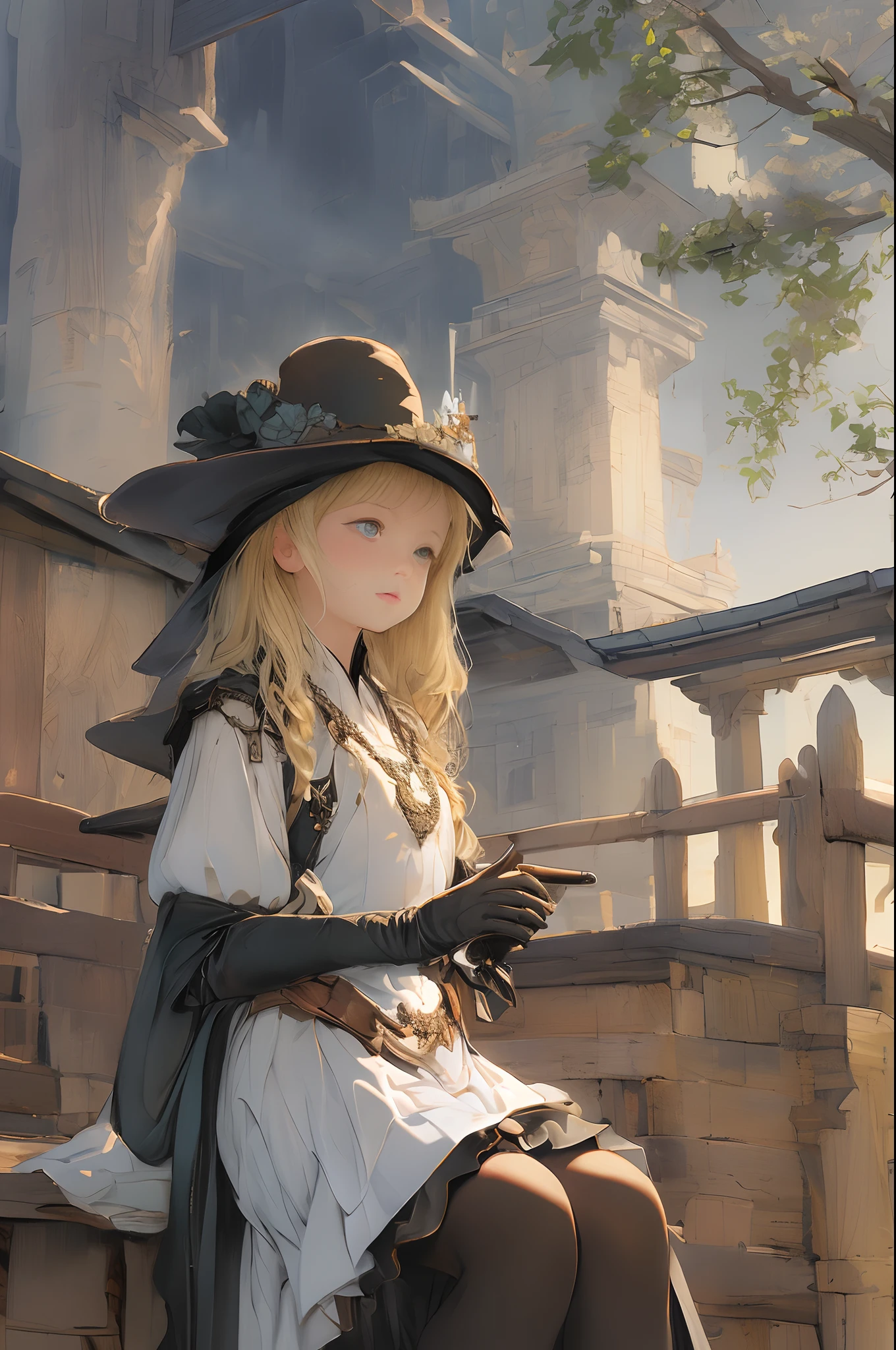 ((food:-1))、Top image quality、masterpiece、Thick painting of oil painting、Fantasy 3D、Norman Rockwell's style、One beautiful fair-skinned girl、Fantasia、the eyes are a little small、The iris is blue、Cute little face、a small face、Light makeup、blonde hair、tiny chest、sitting on、Full body like、Black Gloves、Gothic dress with long sleeves、long skirt、The city of Bande Dessinée、fullmoon、thirds rule、dynamic ungle
