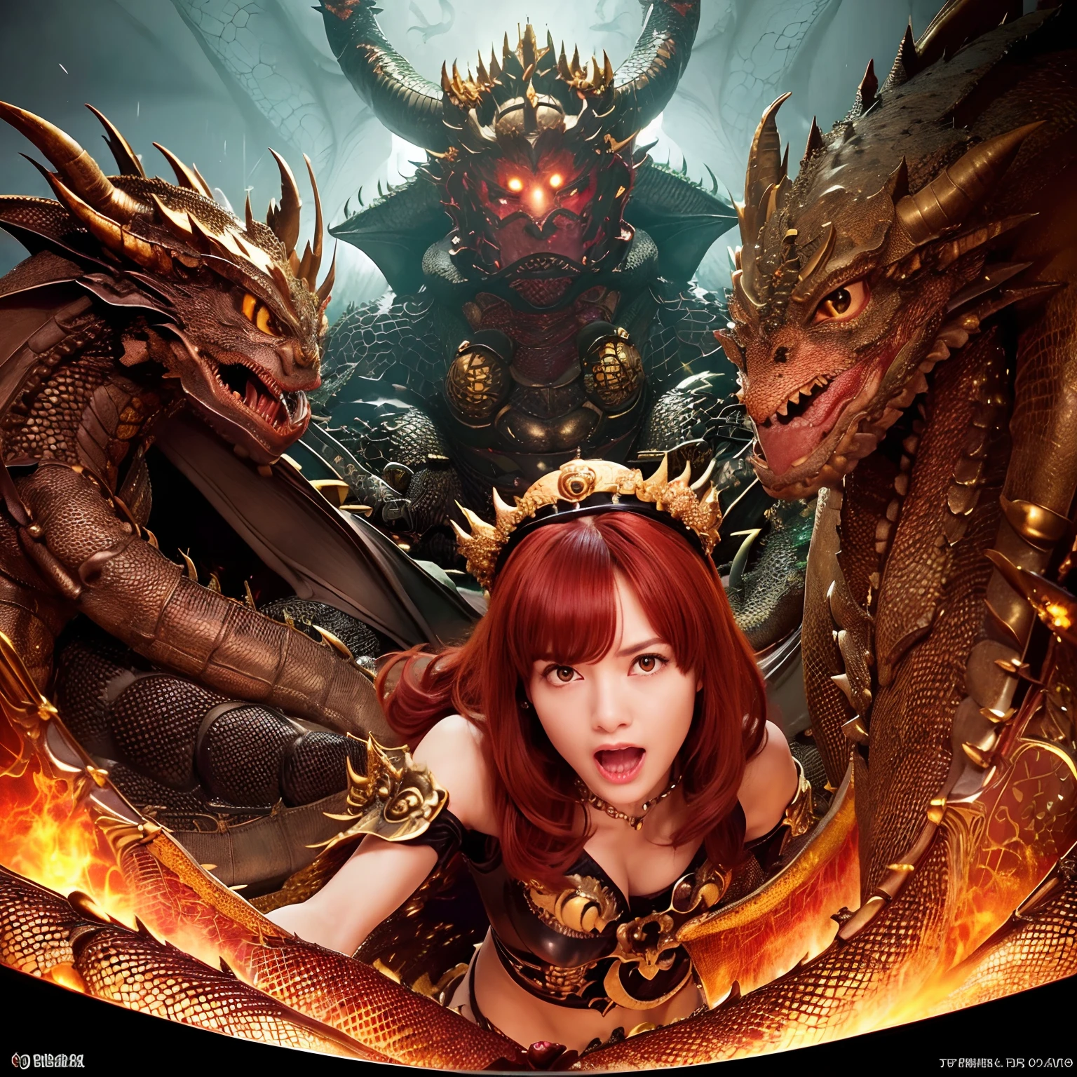 (The Ultimate Beauty Face), Professional , masterpiece、top-quality、photos realistic , depth of fields (Gemstone Black Metal Body:1.4),(Matte Black、(cleavage of the breast)、Dragon Gold Weapon,Mystical expression、Particles of light、((((Fight dragons)))、(Dragon Metal Body:1.4),Gorgeous Silver Weapons ,(( Dragon's dense and gorgeous sword)) , Beautiful knife ,warhammer 40k , adepta sororitas,Detail and gorgeous crown、((Red hair))、(Castle background)、、((Gangle's forest background))、Beautiful Caucasian beauty、1a person、dynamic ungle,(((Detailed and ornate Black Devil Crown)))、Smaller head、A smile、Castle background、Thin and beautiful female hands、cleavage of the breast、Soldier in iron armor on background、Mystical expression、Light Effects、intense fighting、Wind-effect、magic circles、With the legendary magic wand、(demonic wings)、