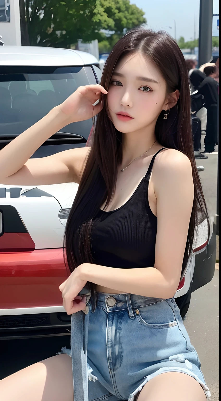 ((top-quality、8k、​masterpiece:1.3))、1girl in、Beautiful woman emphasizing slender abs:1.3、(random hair styles:1.2)、oversized tank top:1.2、Super detailed face、detailedeyes、二重まぶた、Long black hair、Car racing venue in the background、Mini Start、Momoto boots