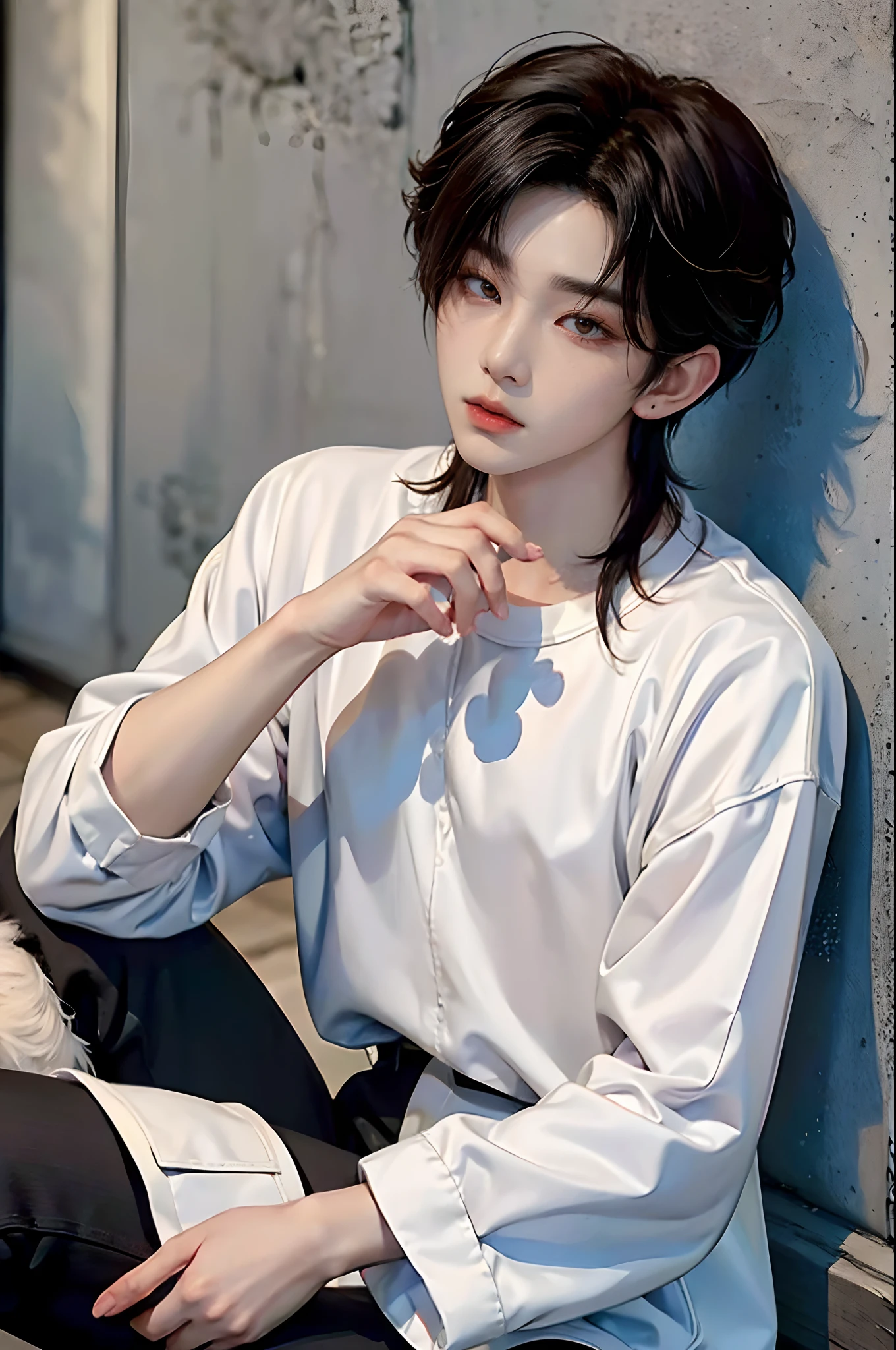 masterpiece、(top-quality)、((high-level image quality))、One Manly Boy、Slim body、((White Y-shirt and long black pants))、(Detailed beautiful eyes)、September Night Road、Sitting on the curb with your back to the wall、Face similar to Chaewon in Ruseraphim、((short hair above the ears))、((Smaller face))、((Neutral face))、((Light brown eyes))、((Korean boy))、((18year old))、((Handsome man))、((Wild look))、((Korean Makeup))、((elongated and sharp eyes))、((Sit next to the viewer))、((shot from a side angle))、((The upper part of the body))、((Close-range shooting))