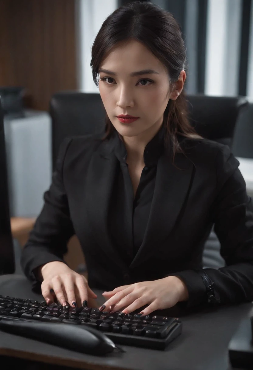 Wearing black leather gloves on both hands, Upper body, Black business suit, Facing the desk in my room with a computer in the dark, Tapping the keys on the computer keyboard with the fingertips of black leather gloves while looking at the screen, Black hair was tied back for a long time, Japan Female New Employees (Black leather gloves cover both hands) (The angle is frontal)