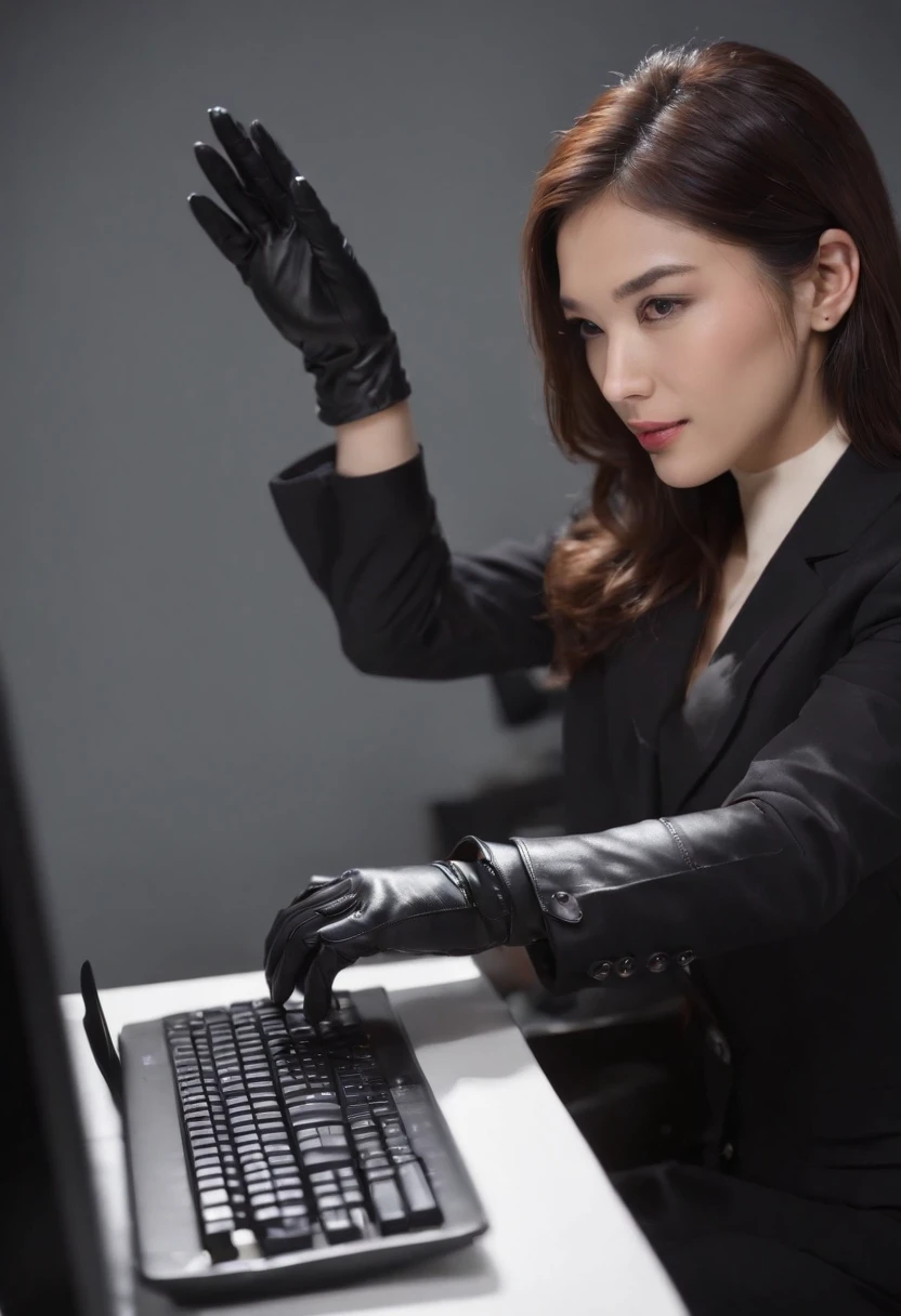 Wearing black leather gloves on both hands, Upper body, Black business suit, Facing the desk in my room with a computer in the dark, Tapping the keys on the computer keyboard with the fingertips of black leather gloves while looking at the screen, Black hair was tied back for a long time, Japan Female New Employees (Black leather gloves cover both hands) (The angle is frontal)