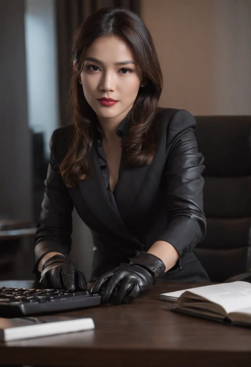 Wearing black leather gloves on both hands, Upper body, Black business suit, Facing the desk in my room with a computer in the dark, Tapping the keys on the computer keyboard with the fingertips of black leather gloves while looking at the screen, Black hair was tied back for a long time, Japan Female New Employees (Black leather gloves cover both hands) (The angle is frontal)