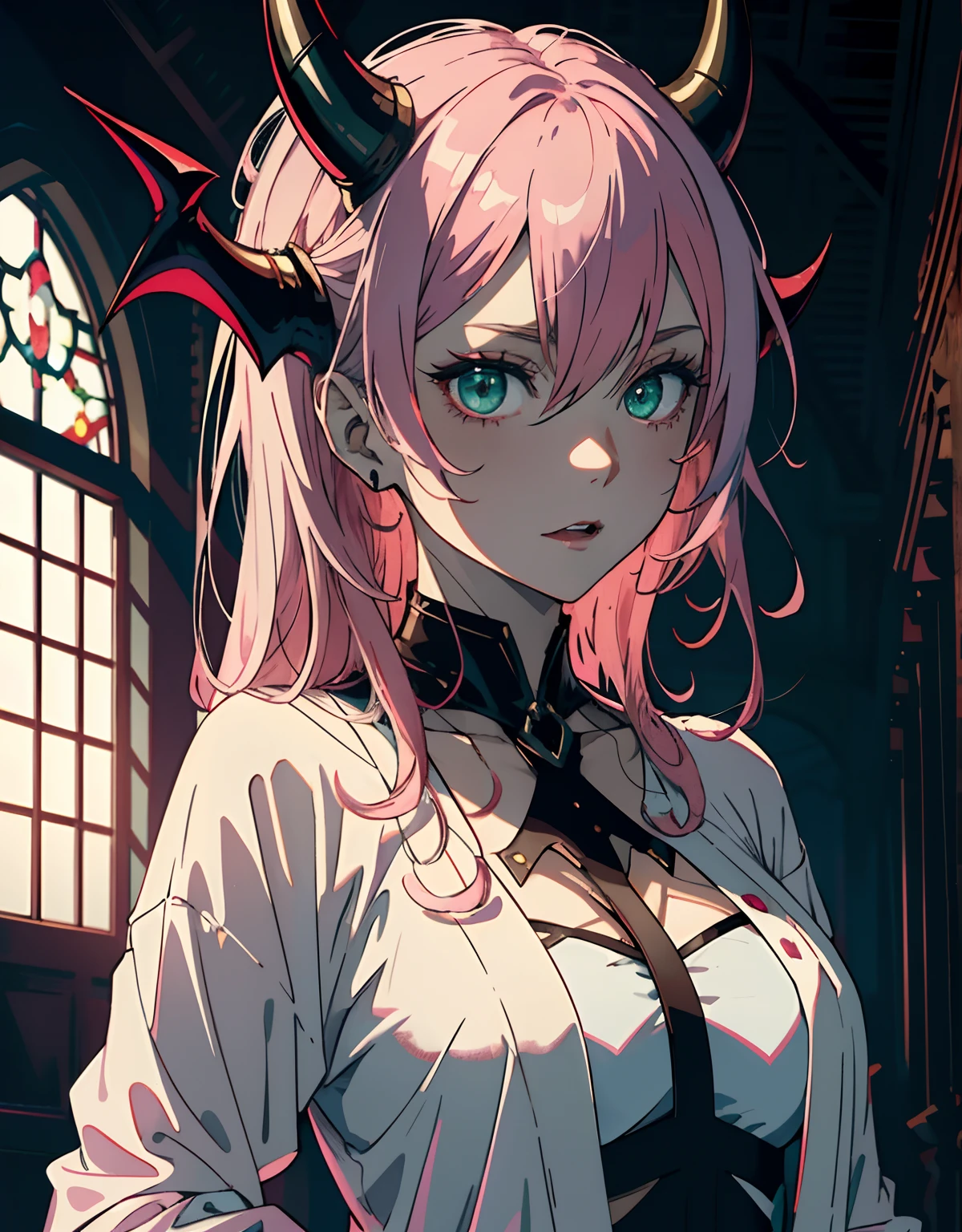 ((masterpiece, best quality)), (1girl, anime girl in dark castle hall),(mature, devil horn), (solo), (female focus), (pink hair, messy hair),green eyes, (white robe, vampire)), pale skin, evil, vicious, portraits, close up, upper body, vibrant colors, soft lighting