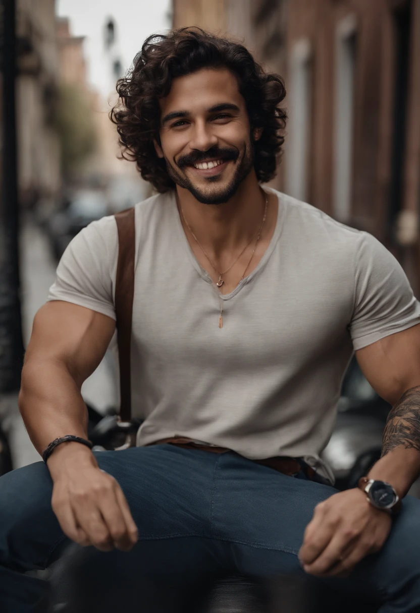 Realistic, full hd, good quality, a young man, latin, big curled full hair, a full-toothed smile, lips are slightly parted, corners of the mouth are slightly upturned, big dark brown curly hair, volumous, with some frizz, very short messy beard and mustache, a clear line separating it from his mustache, has a prominent nose with a slightly curved shape, Roman nose, has a very slightly lean and muscular physique, slightly muscular chest and arms, confident posture, fitness, short rectangular face shape, square jawline, well-defined facial features, eyebrows raised and curved, mischievous eyebrows, frowned eyebrows, has a long and wide smile, long eyebrowns, messy eyebrowns, silver dog tag necklage, wears a common red blouse and blue shorts, tattoos in one of arms, has a gun in his hand, is sitting inside a car, best quality, cinematic