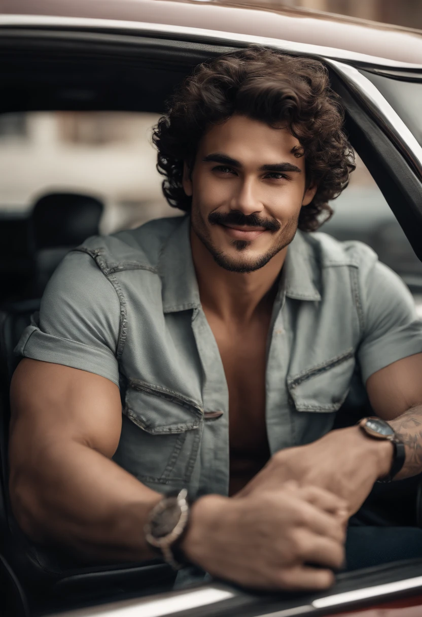 Realistic, full hd, good quality, a young man, latin, big curled full hair, a full-toothed smile, lips are slightly parted, corners of the mouth are slightly upturned, big dark brown curly hair, volumous, with some frizz, very short messy beard and mustache, a clear line separating it from his mustache, has a prominent nose with a slightly curved shape, Roman nose, has a very slightly lean and muscular physique, slightly muscular chest and arms, confident posture, fitness, short rectangular face shape, square jawline, well-defined facial features, eyebrows raised and curved, mischievous eyebrows, frowned eyebrows, has a long and wide smile, long eyebrowns, messy eyebrowns, silver dog tag necklage, wears a common red blouse and blue shorts, tattoos in one of arms, has a gun in his hand, is sitting inside a car, best quality, cinematic