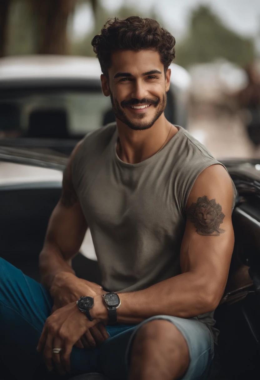 Realistic, full hd, good quality, a young man, latin, big curled full hair, a full-toothed smile, lips are slightly parted, corners of the mouth are slightly upturned, big dark brown curly hair, volumous, with some frizz, very short messy beard and mustache, a clear line separating it from his mustache, has a prominent nose with a slightly curved shape, Roman nose, has a very slightly lean and muscular physique, slightly muscular chest and arms, confident posture, fitness, short rectangular face shape, square jawline, well-defined facial features, eyebrows raised and curved, mischievous eyebrows, frowned eyebrows, has a long and wide smile, long eyebrowns, messy eyebrowns, silver dog tag necklage, wears a common red blouse and blue shorts, tattoos in one of arms, has a gun in his hand, is sitting inside a car, best quality, cinematic