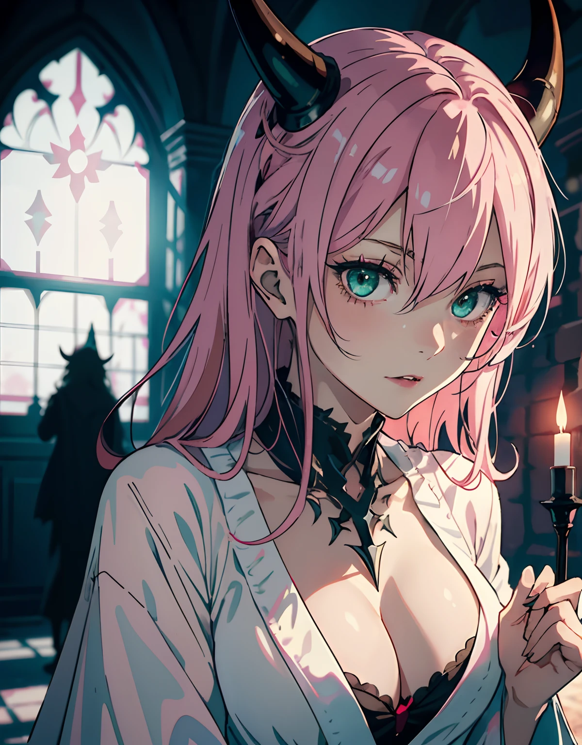 ((masterpiece, best quality)), (1girl, anime girl in dark castle hall),(mature, devil horn), (solo), (female focus), (pink hair, messy hair),green eyes, (white robe, vampire)), pale skin, evil, vicious, portraits, close up, upper body, vibrant colors, soft lighting