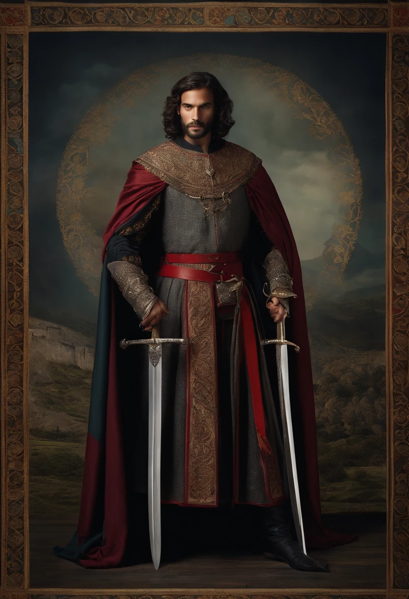 Um homem negro de roupa medieval com duas espadas