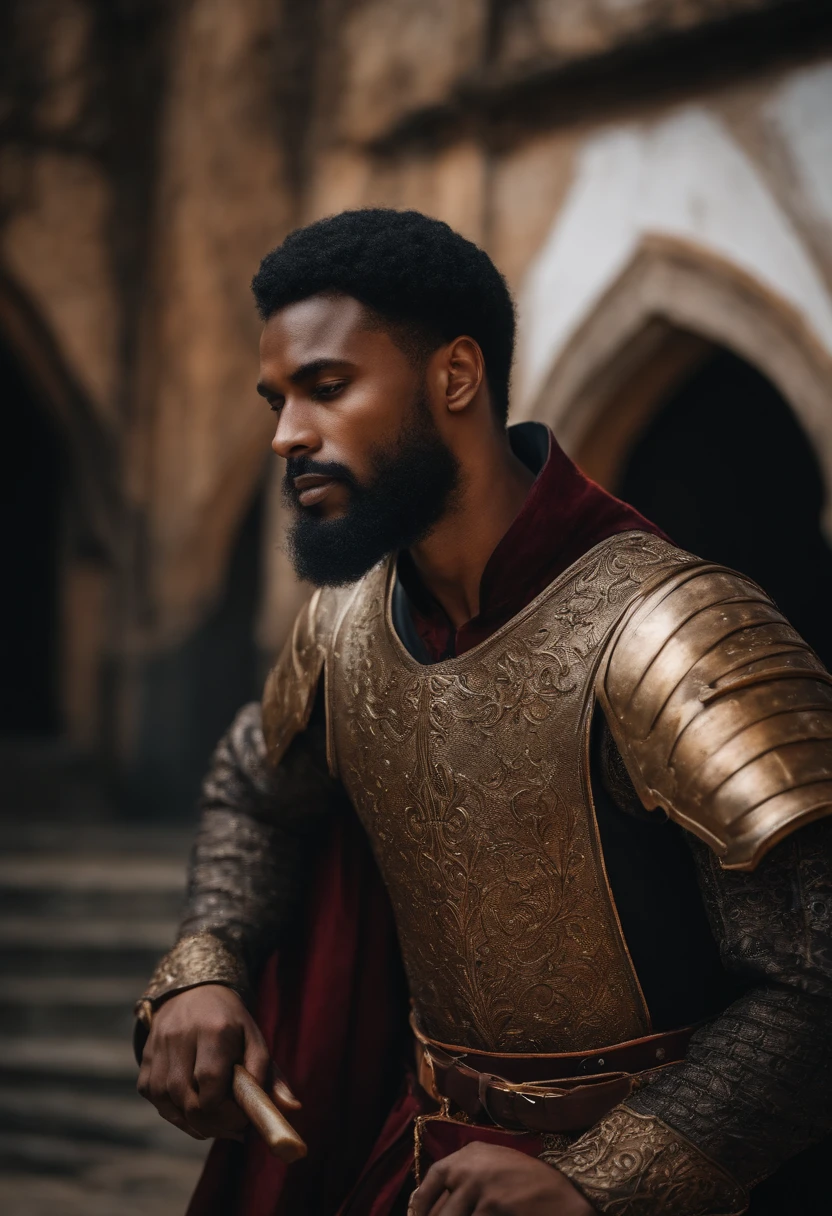 Um homem negro de roupa medieval com duas espadas