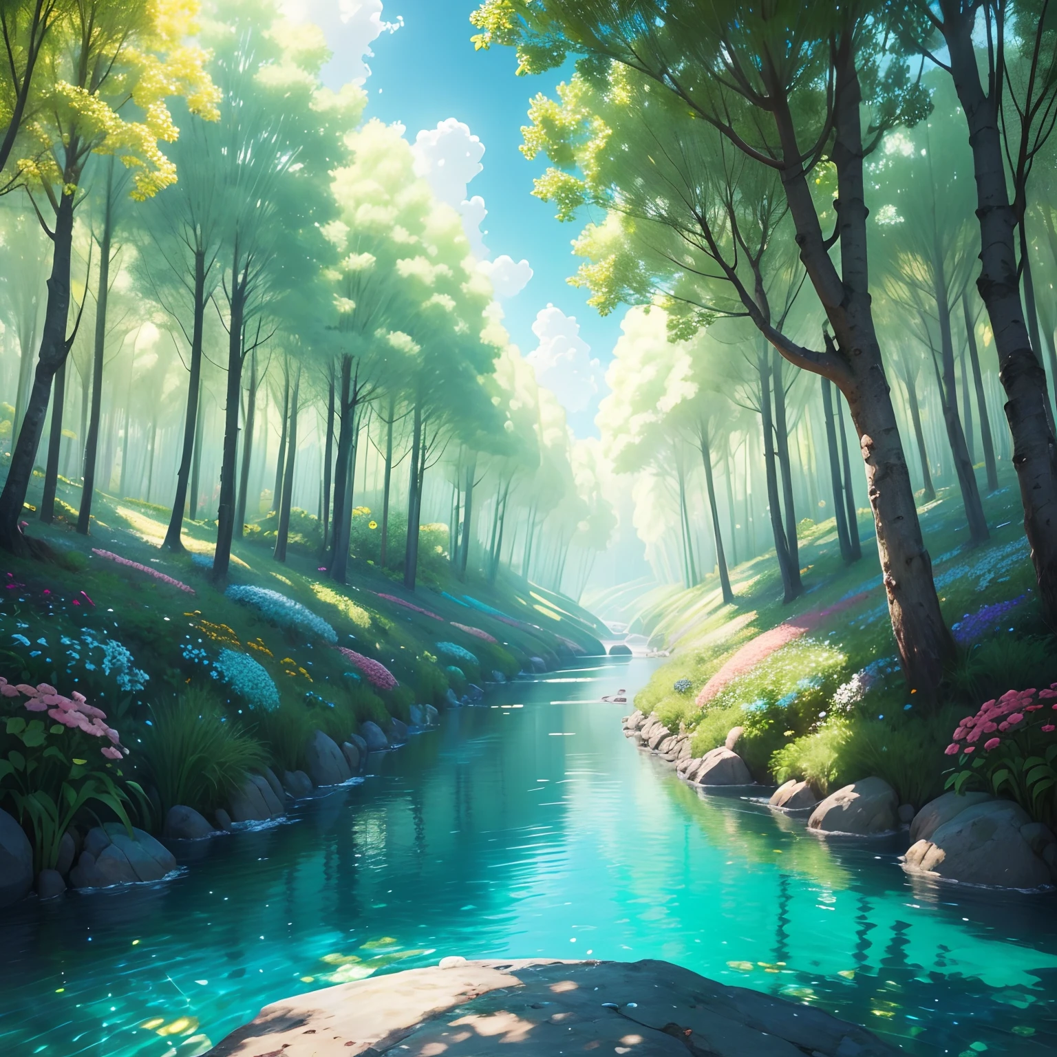 "A beautiful flowery field, com flores e rosas coloridas diamantes, crystal water, Sustainable homes in nature, arte realista, alta qualidade, realismo, lindas cores, rosas diamantes, super detalhado, hiper realista, natureza brilhante, rosas detalhas, rosas brilhosas, flores brilhantes, natureza resplandecente, arte viva, Enchanting paradise, nuvens entre folhas, nuvens entre a natureza, magical birds, wings of shining birds, cores naturais, pedras preciosas verdes, diamantes coloridos nas flores, diamantes coloridos nas rosas, HD, 10K.”