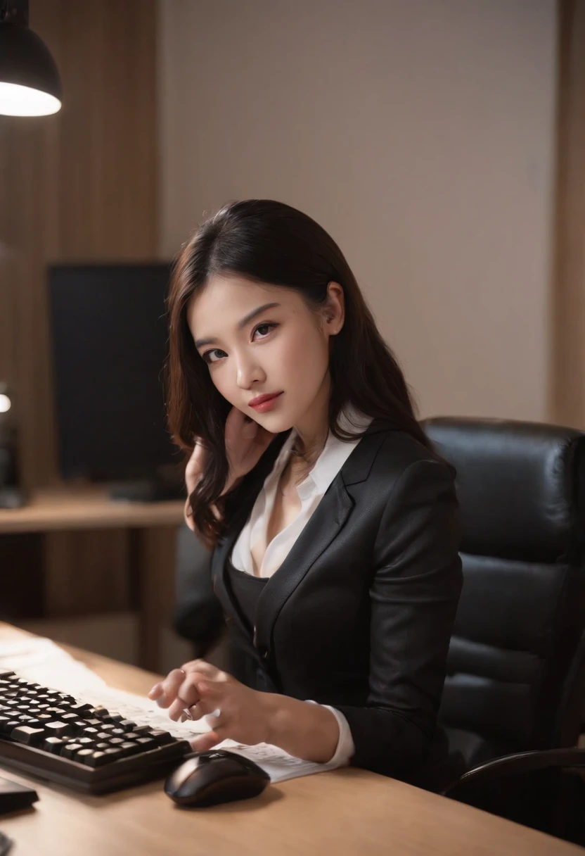 Wearing black leather gloves on both hands, Upper body, Black business suit, Facing the desk in my room with a computer in the dark, Tapping the keys on the computer keyboard with the fingertips of black leather gloves while looking at the screen, Black hair was tied back for a long time, Japan female new employees (Black leather gloves cover both hands) (The angle is in front)