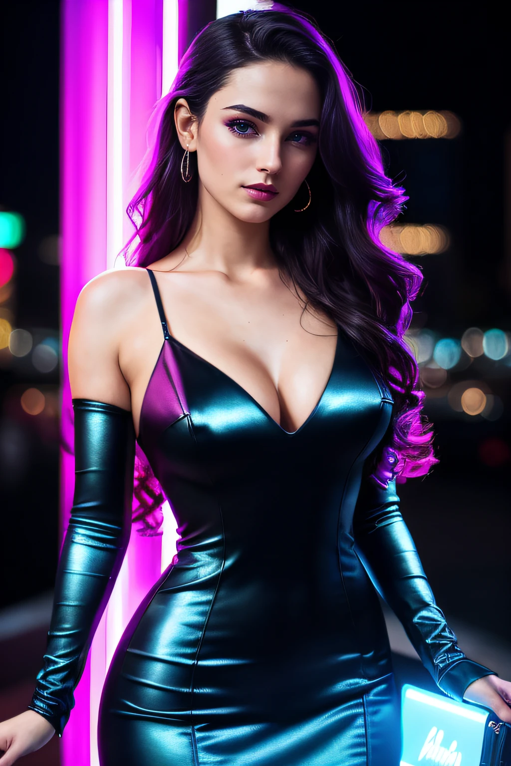 amoled ultra realistic photograph of a 25 years old european girl, RAW, beautiful woman, (extra long wavy black hair), ((portrait)), ((detailed face:1.2)), ((detailed facial features)), (finely detailed skin), pale skin, (high detailed deep cleavage cyberpunk steel dress), dark black nightsky background, (cold colors), damp, moist, reflections, (masterpiece) (perfect proportion)(realistic photo),(best quality), (detailed), (strong amoled magenta and blue neon lighting), (sharp focus) (intricate)