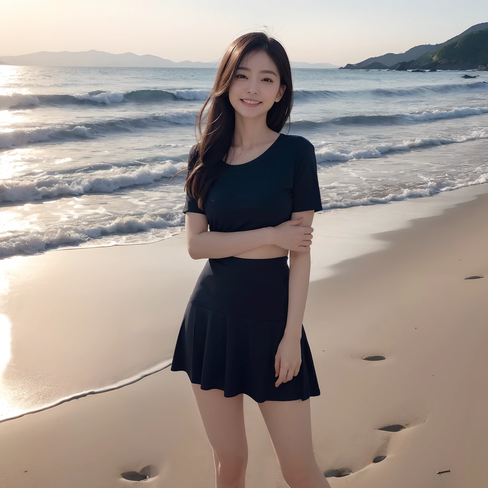 One lady、((best qualtiy、8k masterpieces:1.3))、foco nítido:1.2、(ultra beautiful faces:1.0)、(shinny skin:1.0)、photos realistic、A dark-haired、Video Lighting、High-definition eyes and face、Video Lighting、Japan Idol Actress、from the front side、medium breasts、Smile、Slender Abs Beauty、Whole body、wearing t-shirts、On the beach in the morning