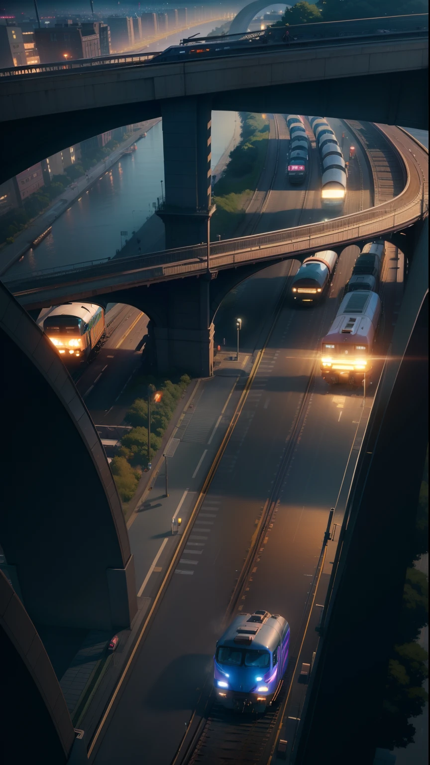 Draw the city with a train crossing the bridge,Bustling city,Colorful flower rolls,4 k hd wallpaper illustration, Stylized urban fantasy artwork, arte de fundo, inspired by sylvain sarrailh, soaring towers and bridges, anime style cityscape, Utopian city, 4K detailed digital art, Beautiful cityscape, 8K high quality detailed art