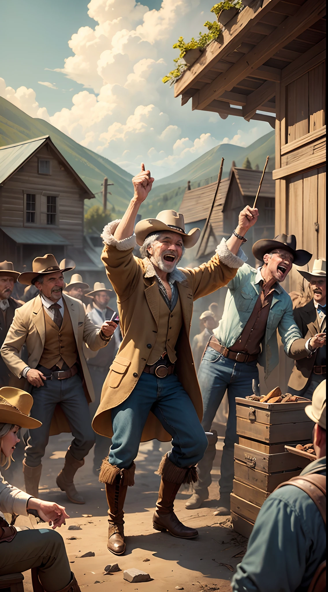 Design a scene of Wild West old west vintage colors of jubilant miners celebrating their newfound wealth in a booming silver mining old west town.