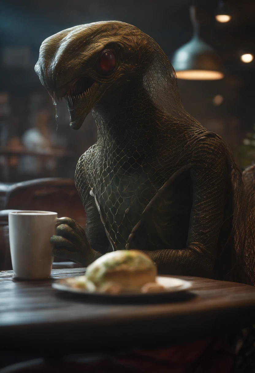 A creature prompt for Stable Diffusion:

alien with flattened head, 4 black eyes, wearing a fishing net, in a cafe, [illustration] for (best quality,4k,8k,highres,masterpiece:1.2), ultra-detailed, (realistic,photorealistic,photo-realistic:1.37), HDR, UHD, studio lighting, extreme detail description, professional, vivid colors, bokeh, [concept artist], [sci-fi], [portrait], [landscape].
