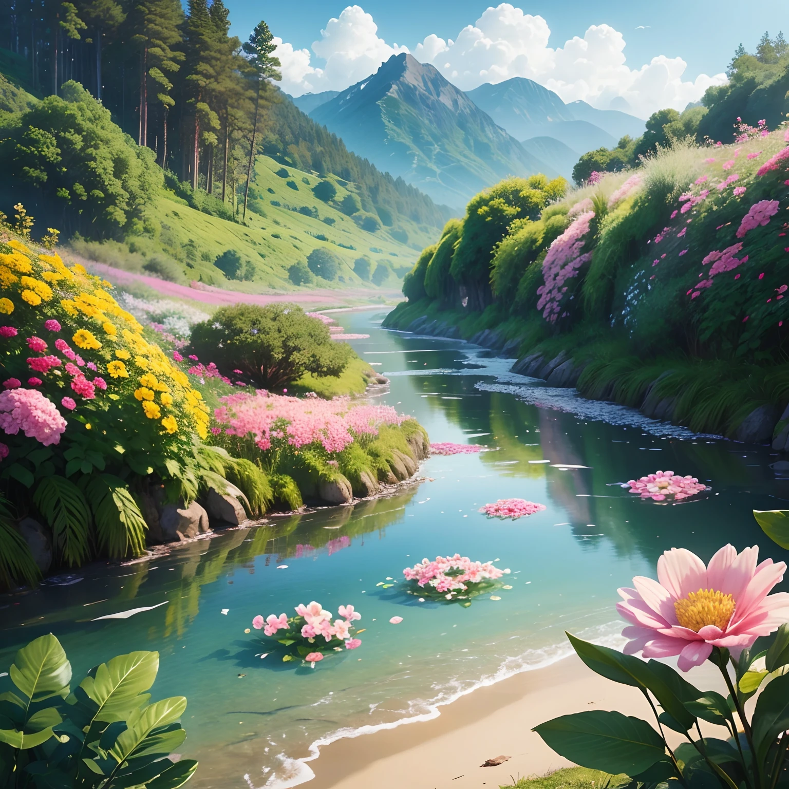 "A beautiful flowery field, com flores e rosas coloridas diamantes, crystal water, Sustainable homes in nature, arte realista, alta qualidade, realismo, lindas cores, rosas diamantes, super detalhado, hiper realista, natureza brilhante, rosas detalhas, rosas brilhosas, flores brilhantes, natureza resplandecente, arte viva, Enchanting paradise, nuvens entre folhas, nuvens entre a natureza, magical birds, wings of shining birds, cores naturais, pedras preciosas verdes, diamantes coloridos nas flores, diamantes coloridos nas rosas, HD, 10K.”