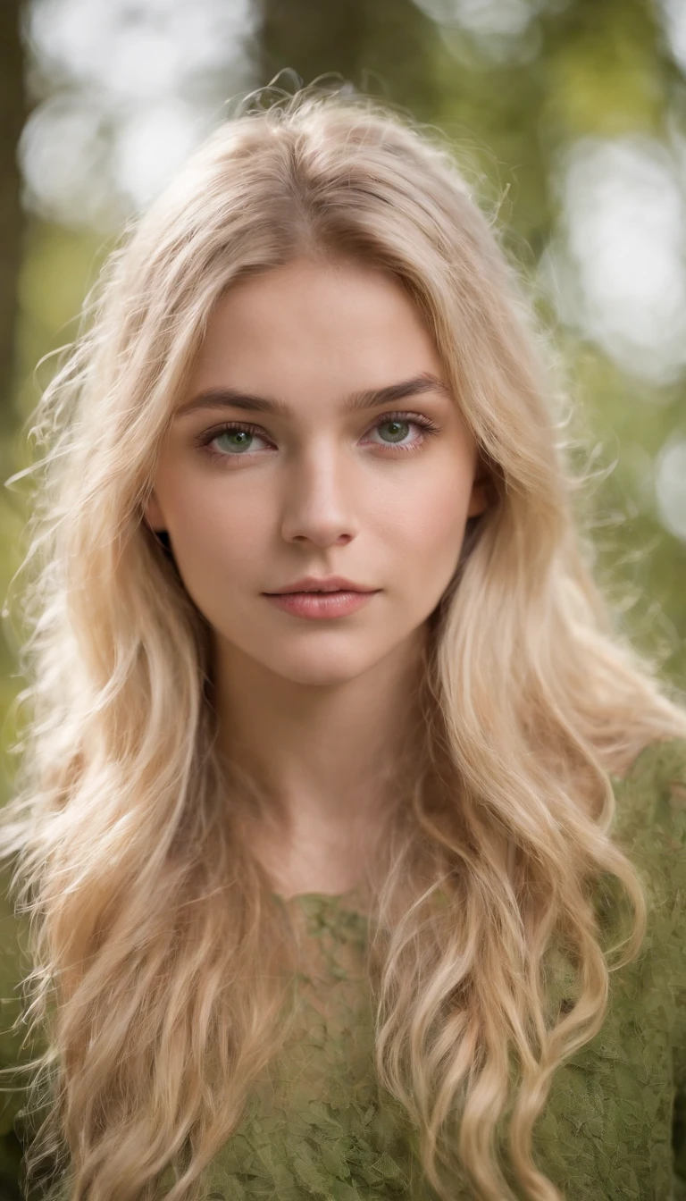 Photo moyenne en gros plan, Jolie et magnifique fille blonde(long and messy hair) Nordique 22 ans, Detailed (Detailed bright green eyes, nez mince, (look at camera), specular lighting, DSLR, ultra quality, mise au point nette, tranchant, dof, grain du film, centered, Fujifilm XT3, Cristallin