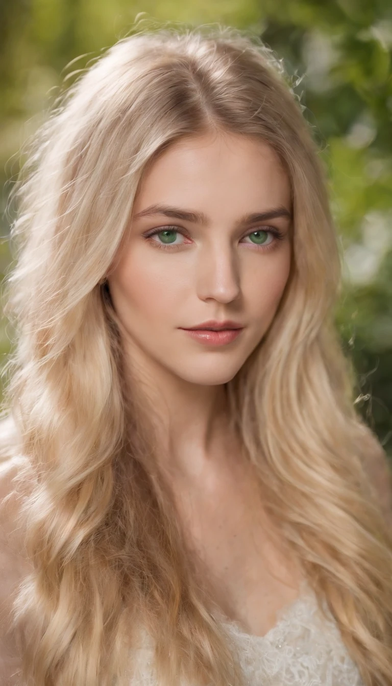Photo moyenne en gros plan, Jolie et magnifique fille blonde(long and messy hair) Nordique 22 ans, Detailed (Detailed bright green eyes, nez mince, (look at camera), specular lighting, DSLR, ultra quality, mise au point nette, tranchant, dof, grain du film, centered, Fujifilm XT3, Cristallin