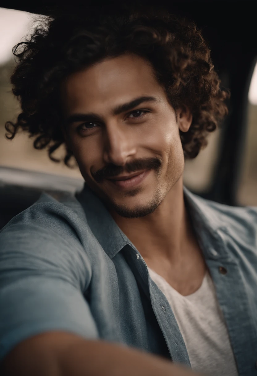 Realistic, full hd, good quality, a young man, latin, big full dreadlocks, a full-toothed smile, lips are slightly parted, corners of the mouth are slightly upturned, big dark brown curly hair, volumous hair, with some frizz, frizz on hair, full hair, very short messy beard, very shirt messy mustache, a clear line separating it from his mustache, has a prominent nose with a slightly curved shape, Roman nose, has a very slightly lean and muscular physique, slightly muscular chest and arms, confident posture, fitness, short rectangular face shape, square jawline, well-defined facial features, eyebrows raised and curved, mischievous eyebrows, frowned eyebrows, has a long and wide smile, long eyebrowns, messy eyebrowns, silver dog tag necklage, wears a common red blouse and blue shorts, tattoos in one of arms, has a gun in his hand, is sitting inside a car, best quality, cinematic
